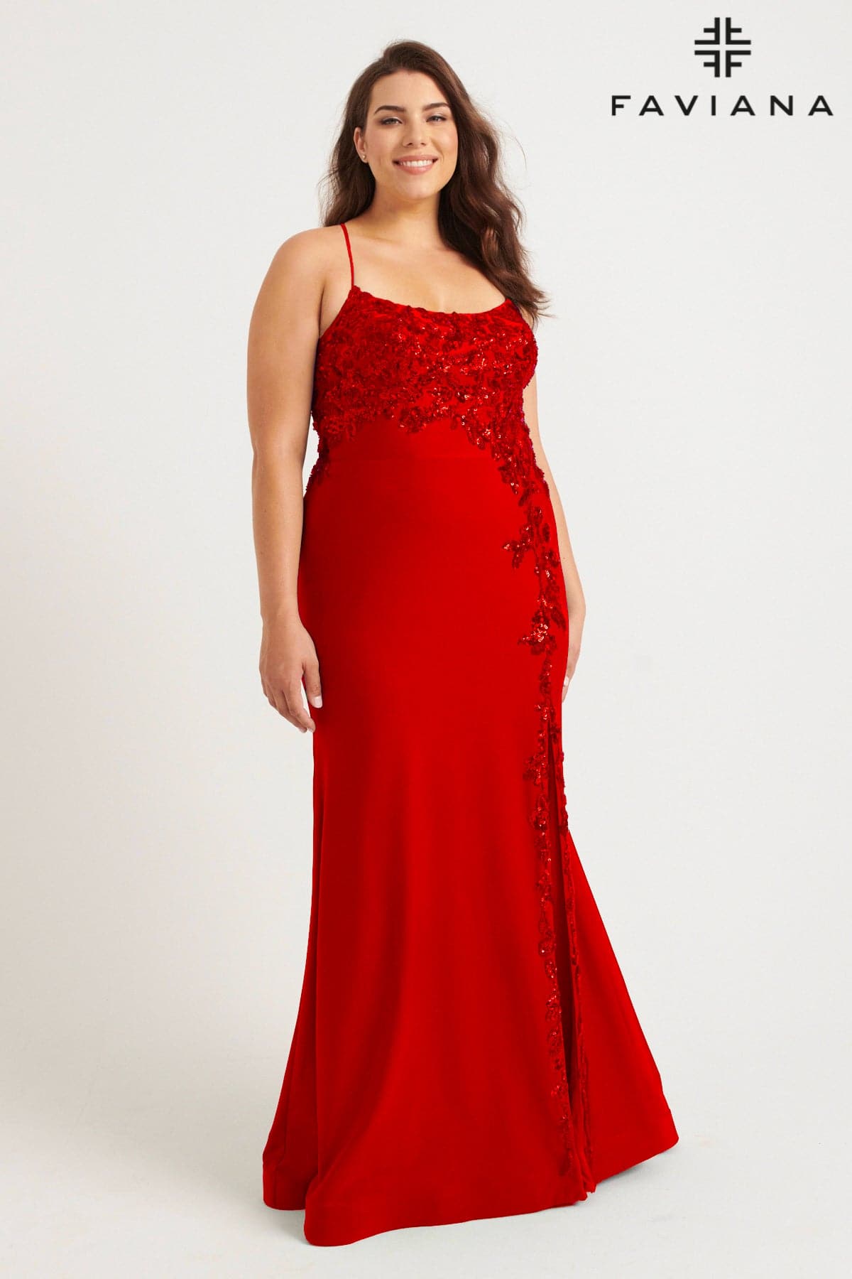Red Plus Size Scoop Neck Gown With Sequin Appliqu | 9570 Red Plus Size Scoop Neck Gown With Sequin Appliqu | 9570