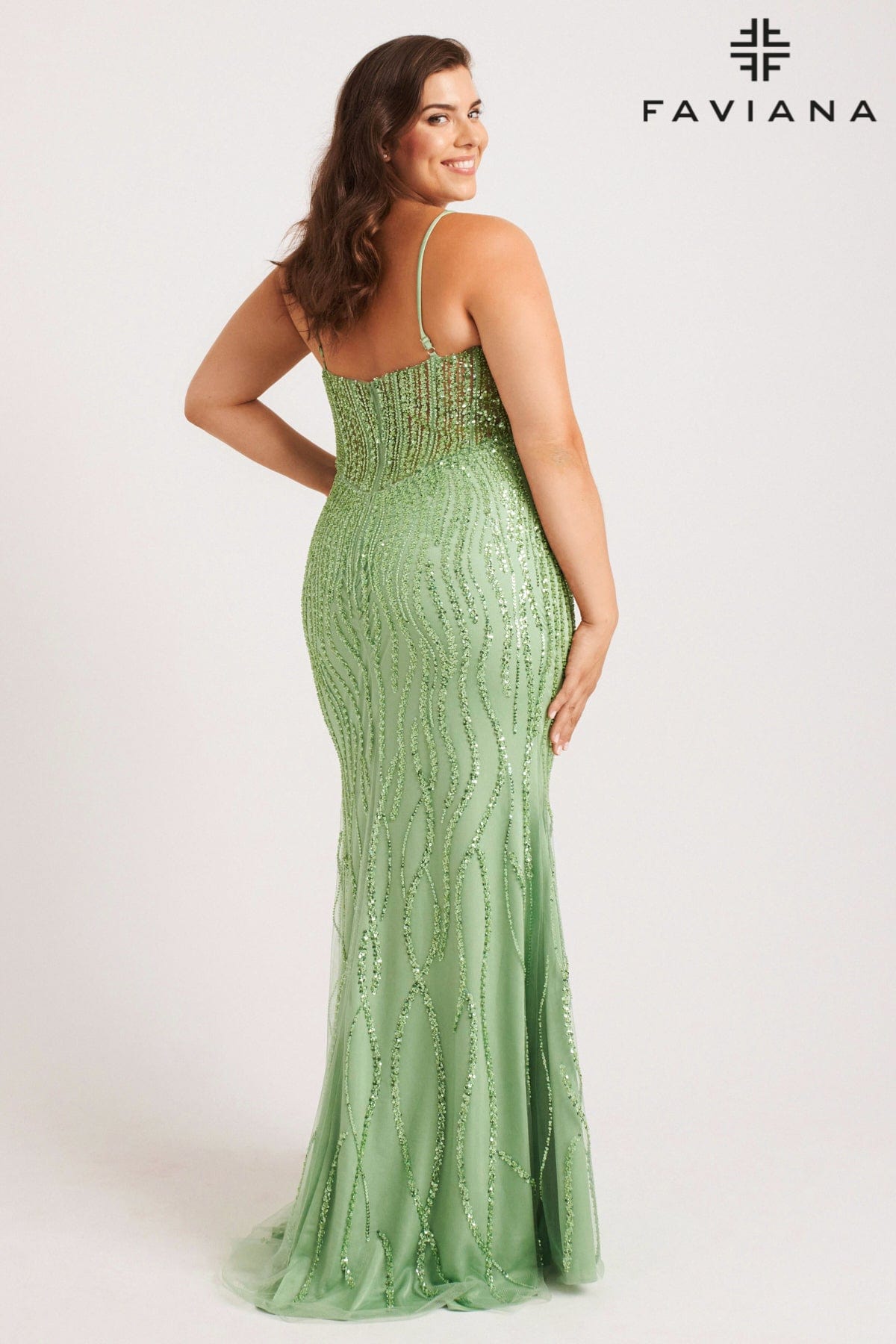 Plus Size Patterned Beaded Appliqué Corset-Back Gown | 9572