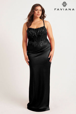 Black Plus Size Satin Corset Dress With Exposed Boning And Beading