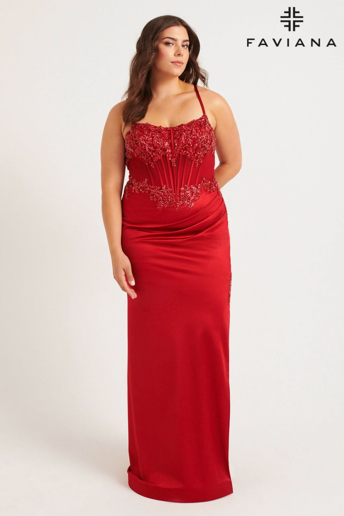 Plus Size Satin Corset Dress With Exposed Boning And Beading | 9592