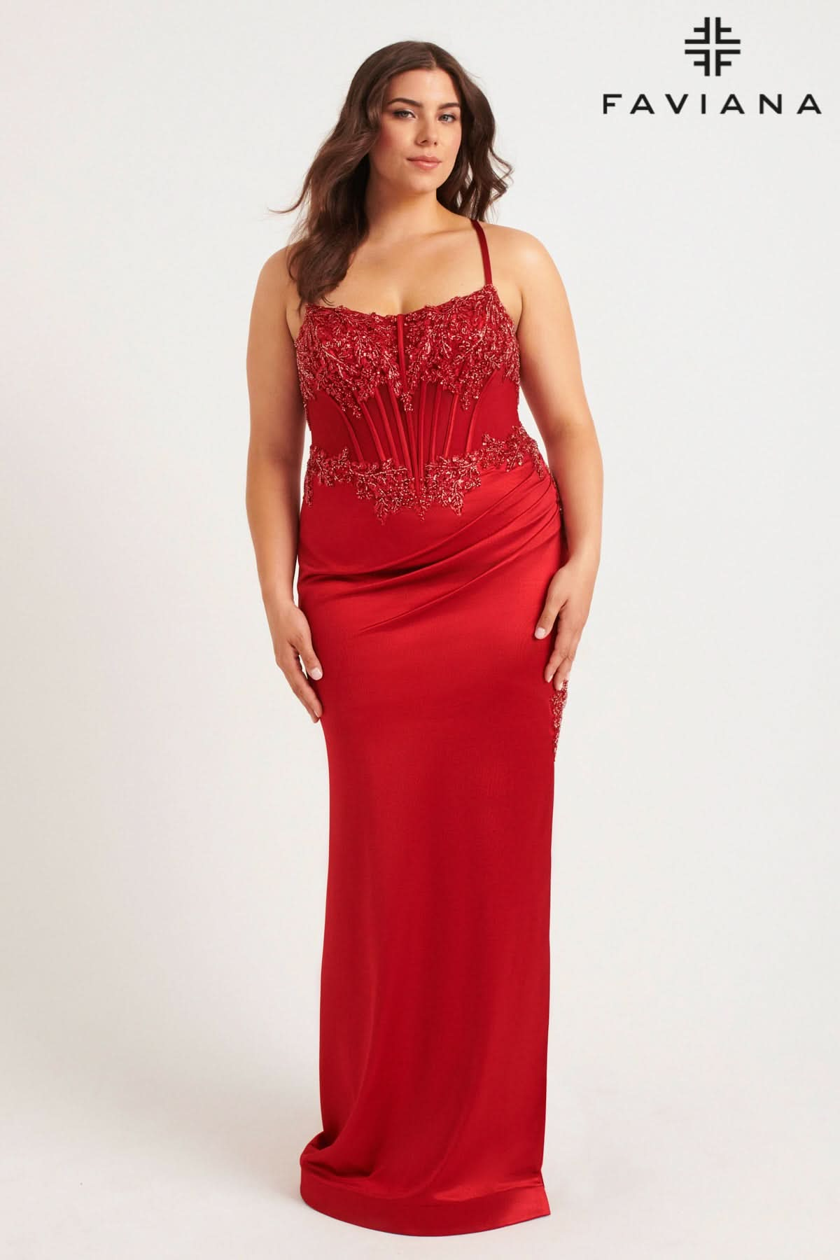 Plus Size Satin Corset Dress With Exposed Boning And Beading | 9592