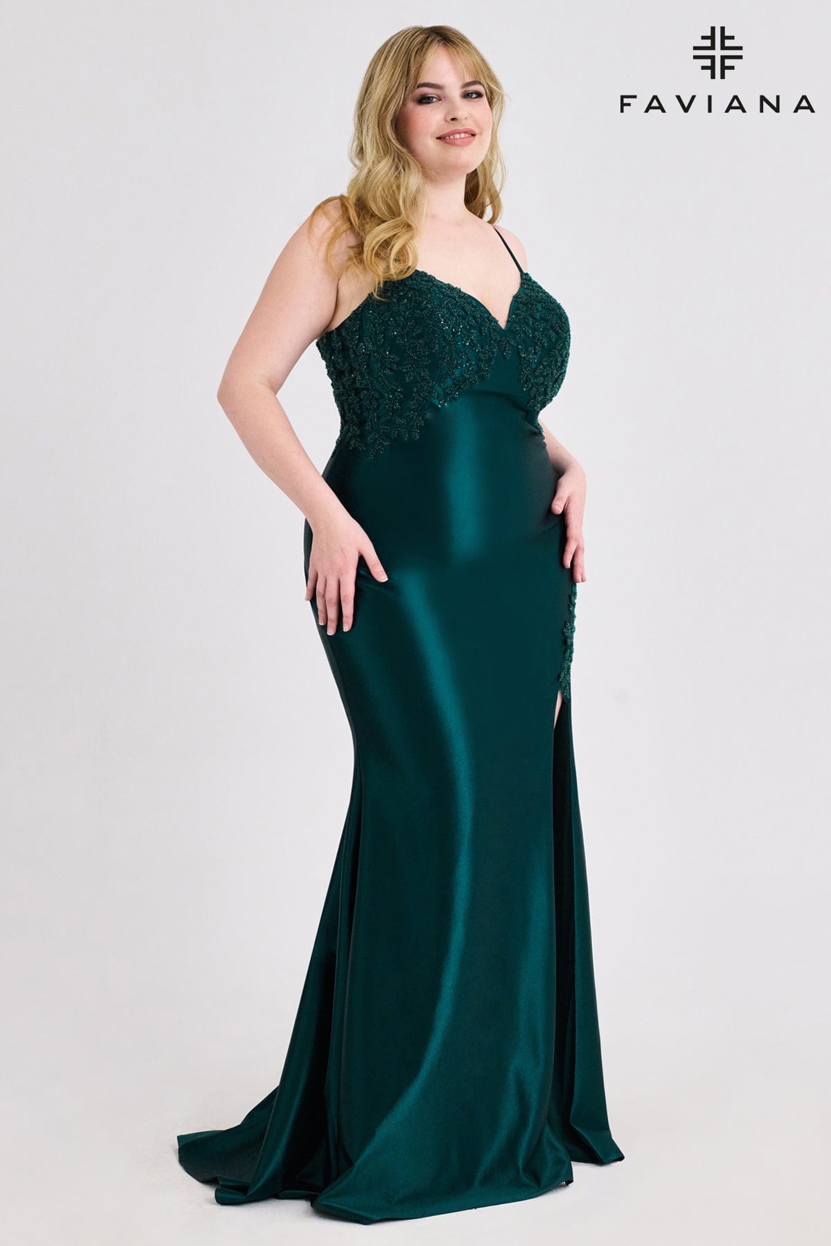 Plus Size Satin V-Neck Dress With Appliqué Detailing | 9597