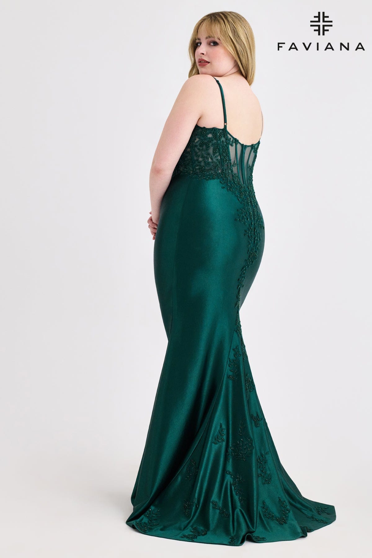Plus Size Sleek Satin Gown With Corset Boning Back And Appliqué | 9600