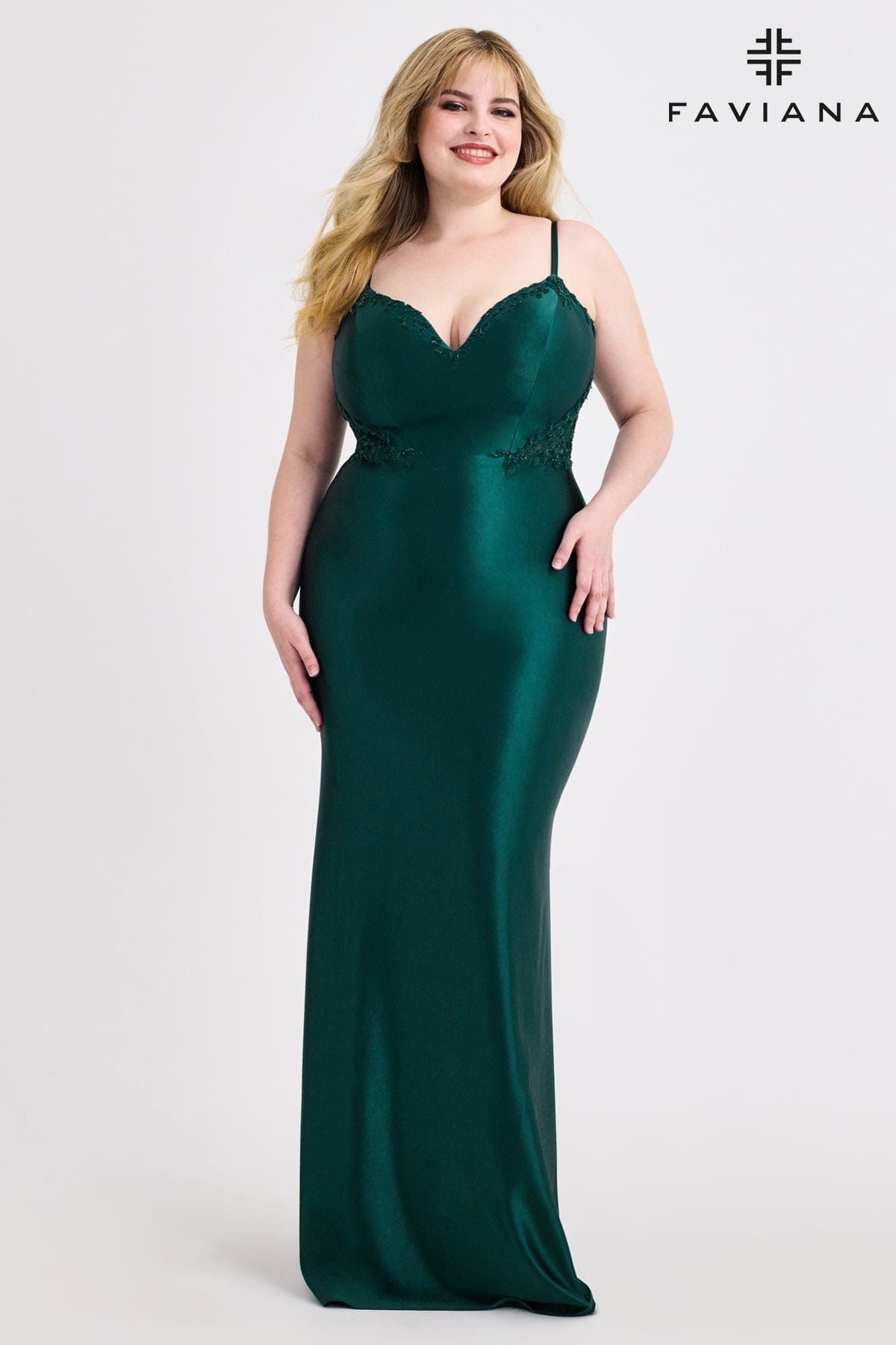 Plus Size Sleek Satin Gown With Corset Boning Back And Appliqué | 9600