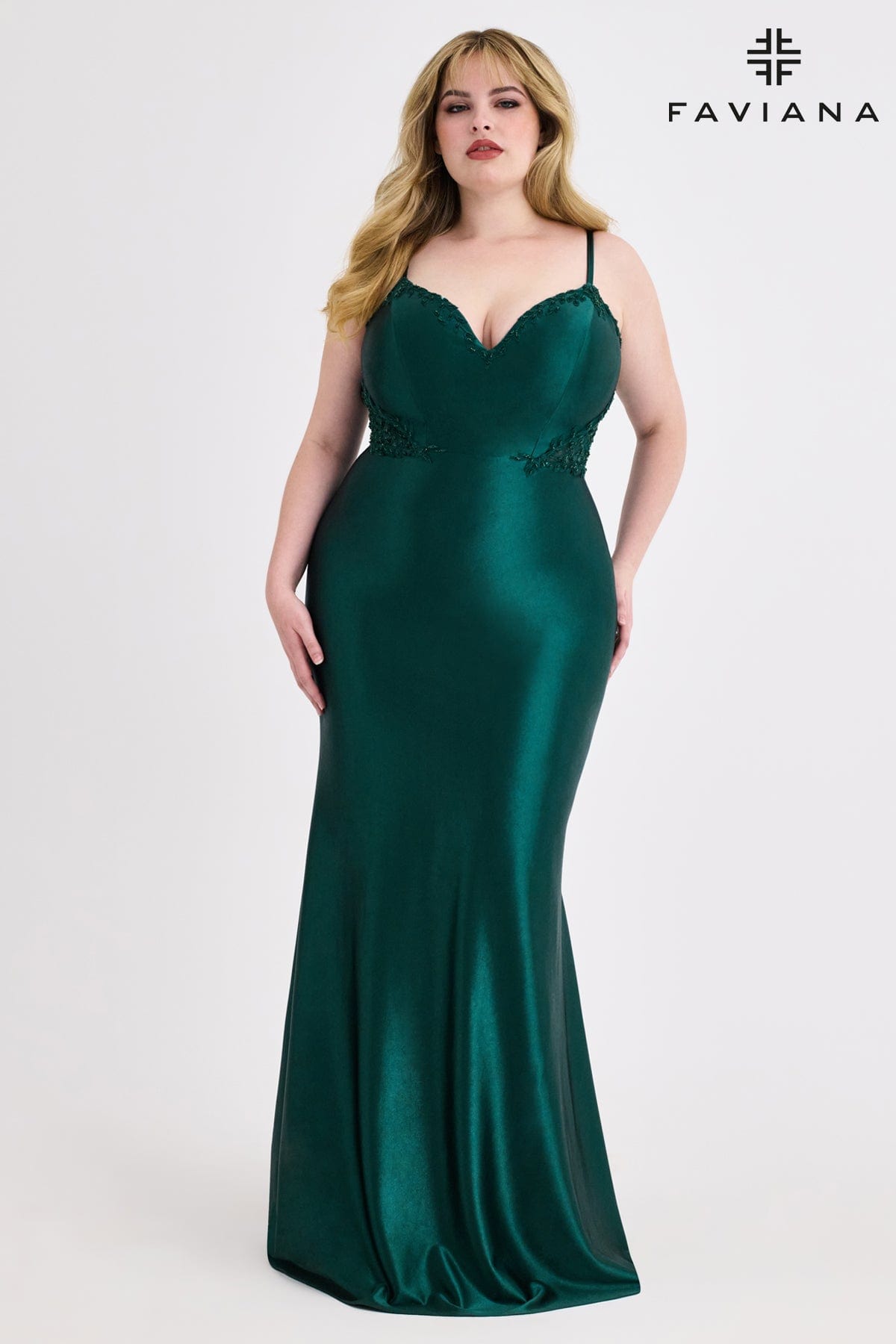 Plus Size Sleek Satin Gown With Corset Boning Back And Appliqué | 9600
