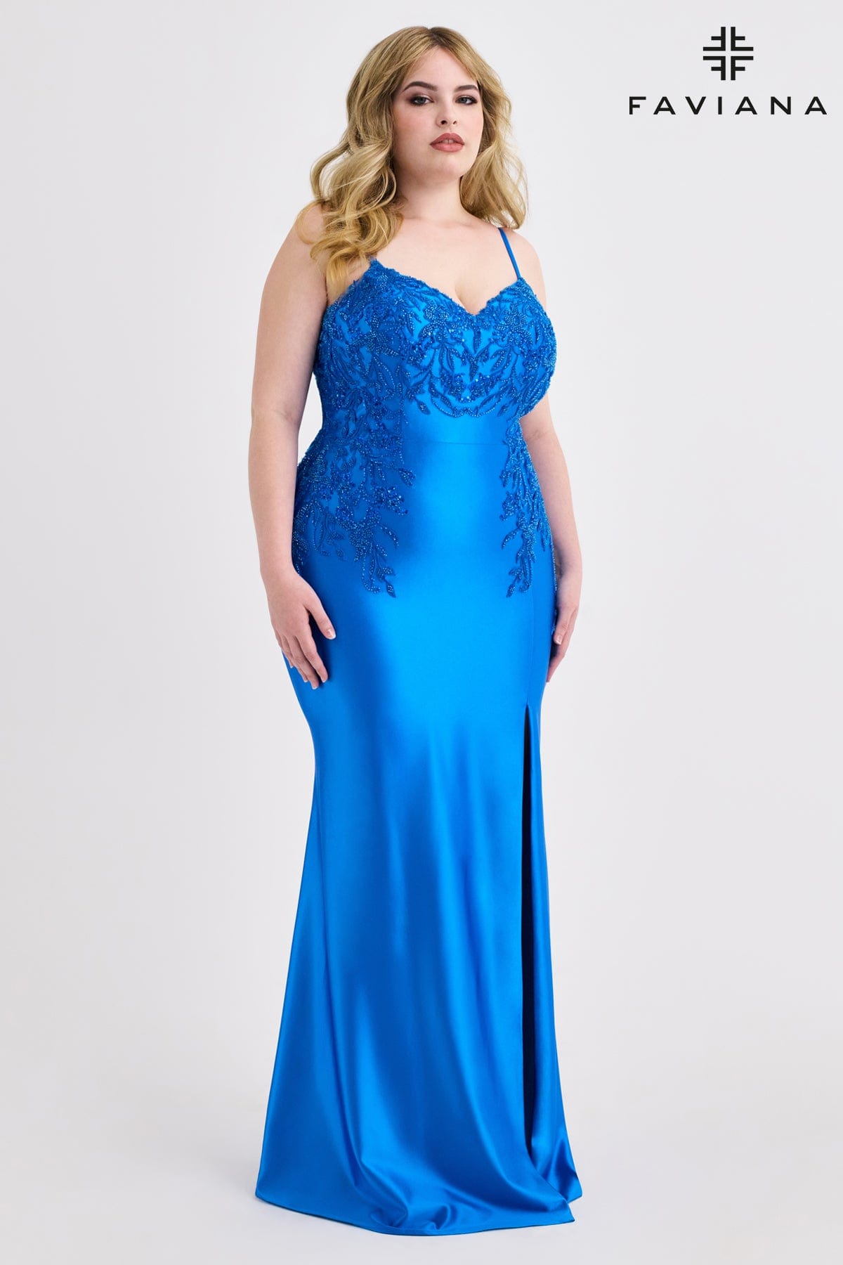 Satin Plus Size Dress With Flattering Beaded Lace Appliqué | 9603