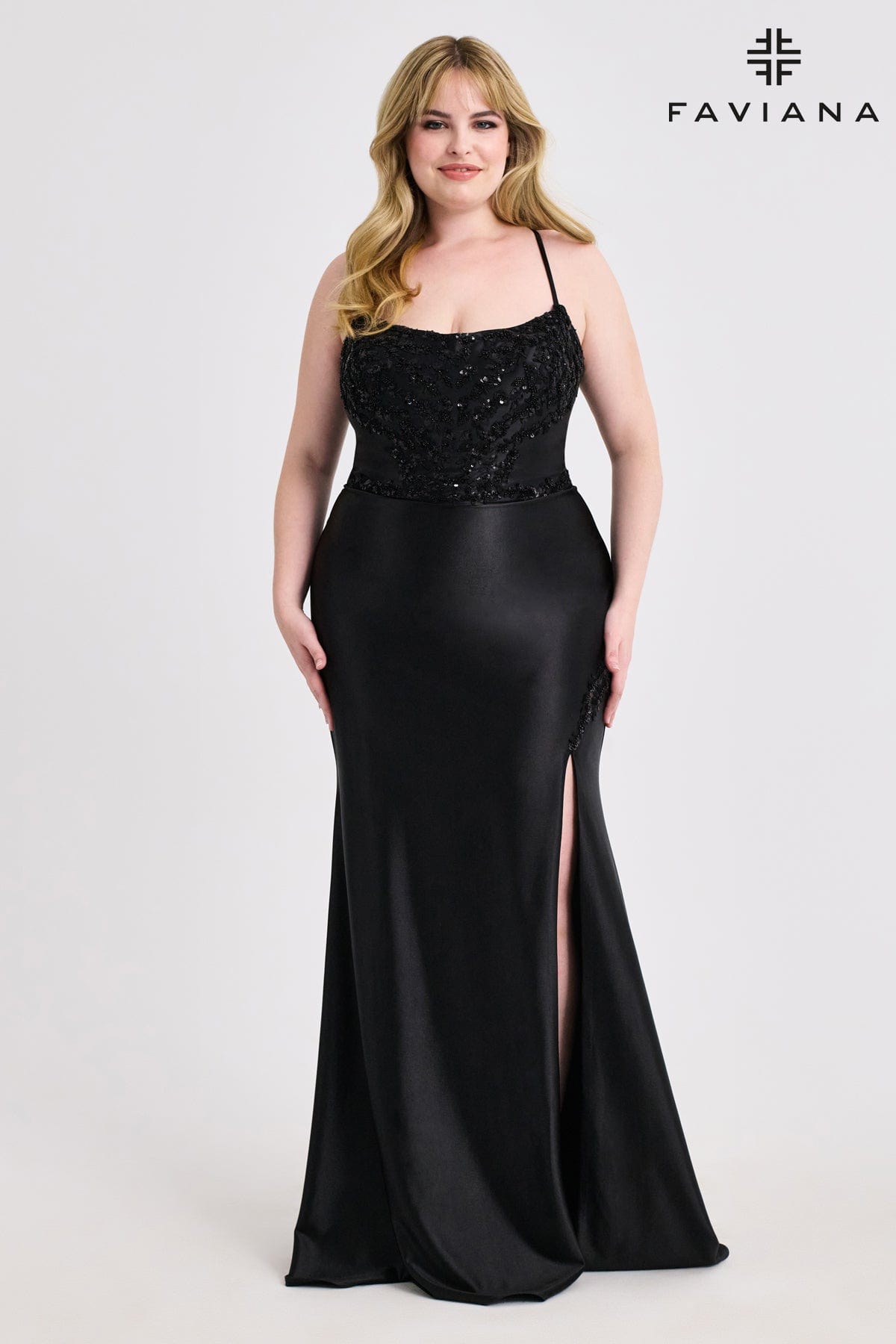 Plus Size Scoop Neck Satin Long Dress With Beaded Appliqué | 9606