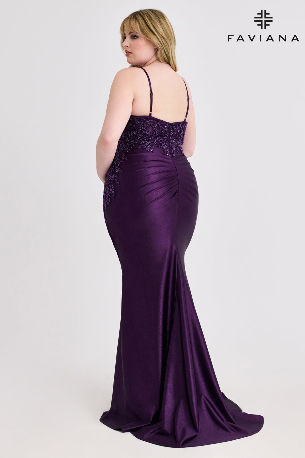 Plus Size Pleated And Embellished V-Neck Satin Gown | 9608