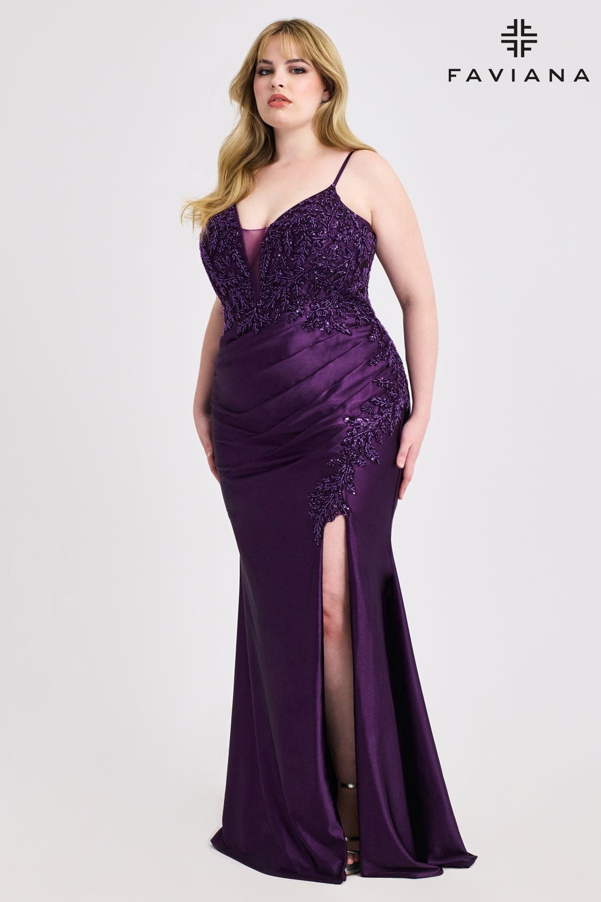 Plus Size Pleated And Embellished V-Neck Satin Gown | 9608