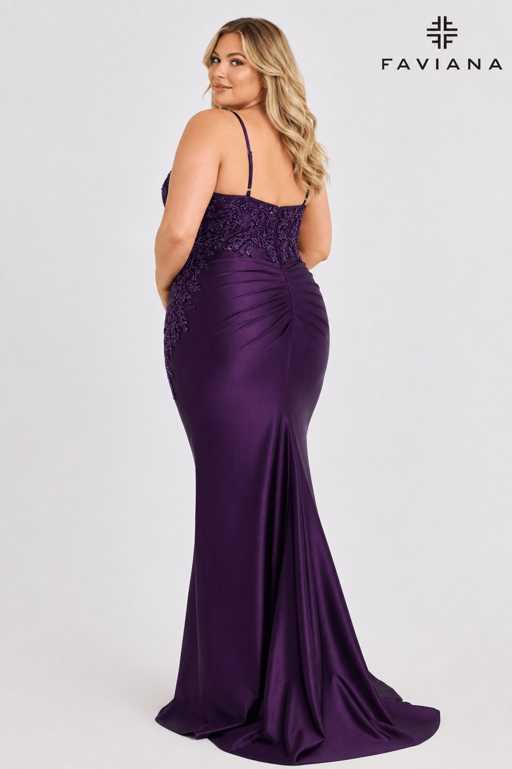 Plus Size Pleated And Embellished V-Neck Satin Gown | 9608