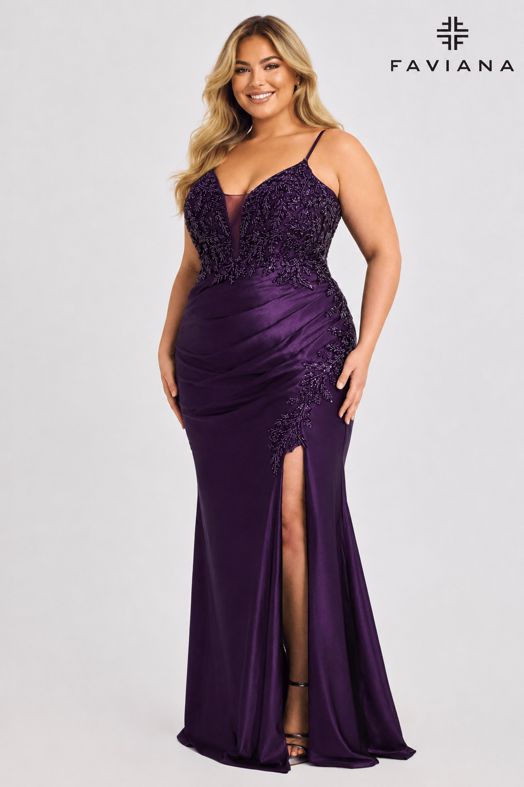 Plus Size Pleated And Embellished V-Neck Satin Gown | 9608