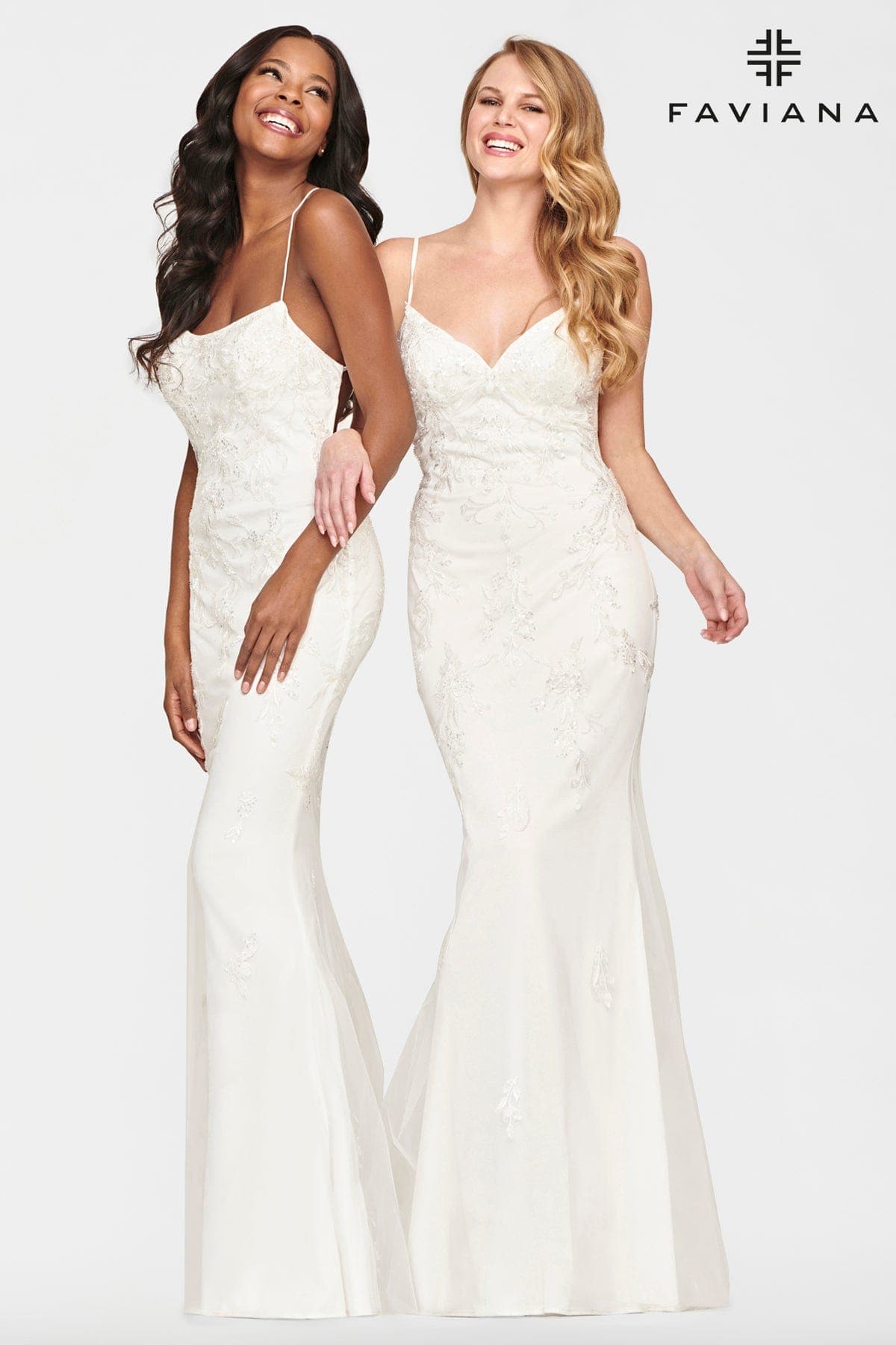 White Beaded Lace Long V Neck Dress With Open Back | Faviana White Beaded Lace Long V Neck Dress With Open Back | Faviana