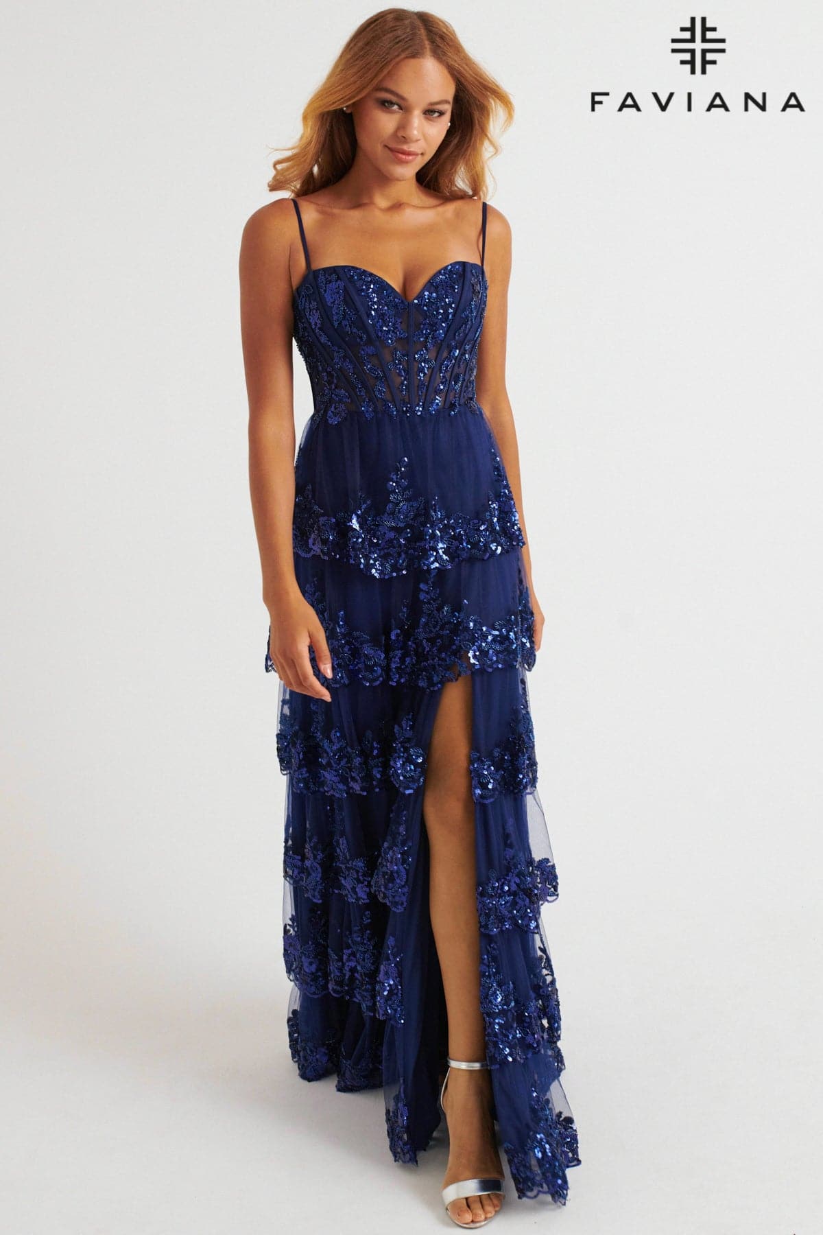 Navy Layered Tulle Dress With Corset Bodice And Embellished Skirt | E1 Navy Layered Tulle Dress With Corset Bodice And Embellished Skirt | E1