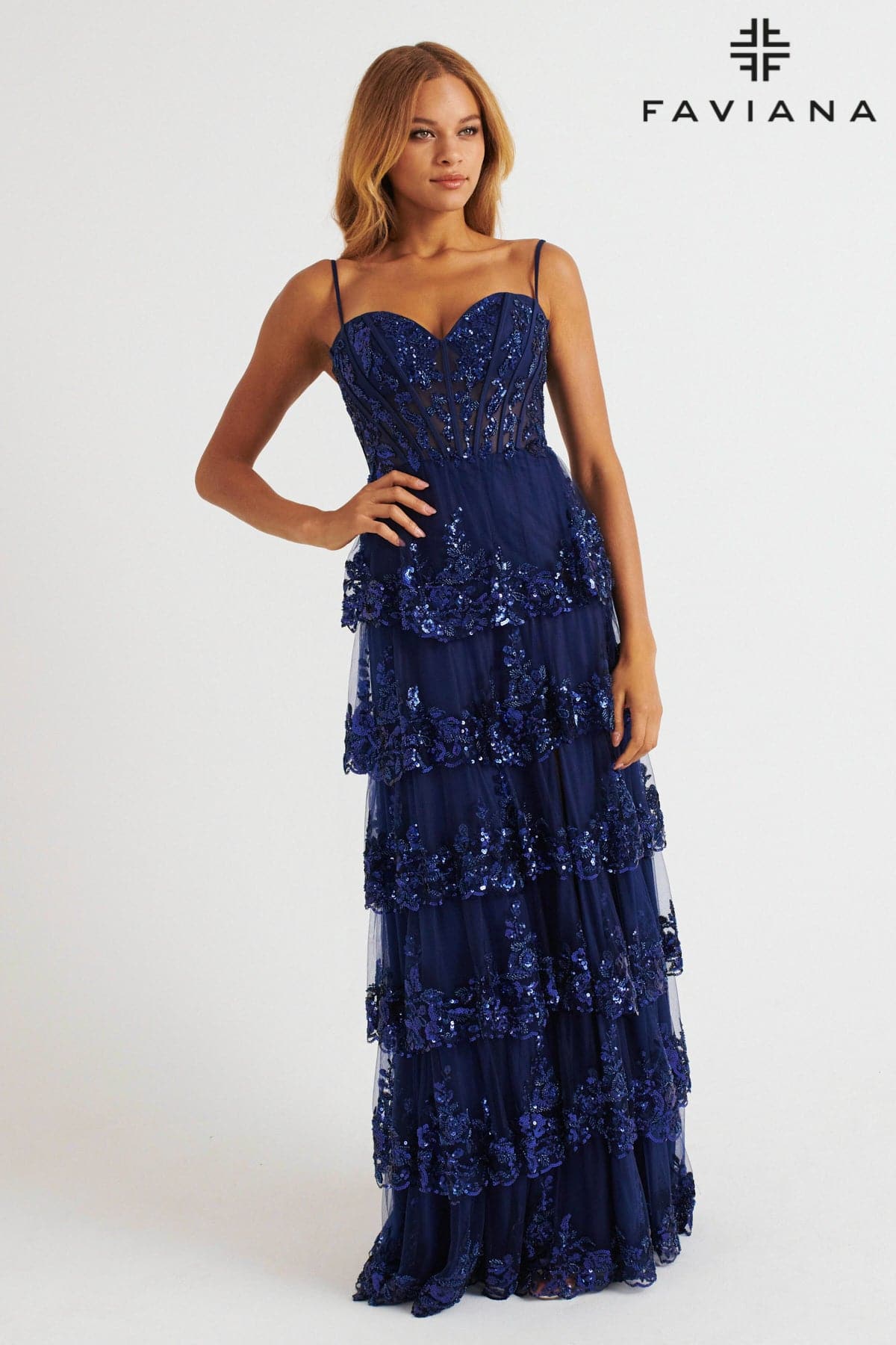 Navy Layered Tulle Dress With Corset Bodice And Embellished Skirt | E1 Navy Layered Tulle Dress With Corset Bodice And Embellished Skirt | E1