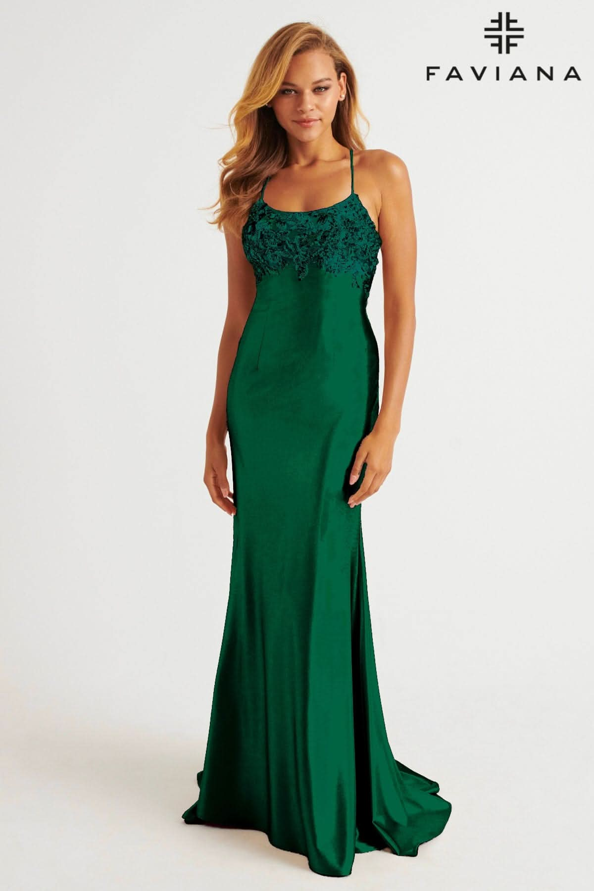 Satin Scoop Neck Dress With Sequin Applique And Lace Up Back | E11201