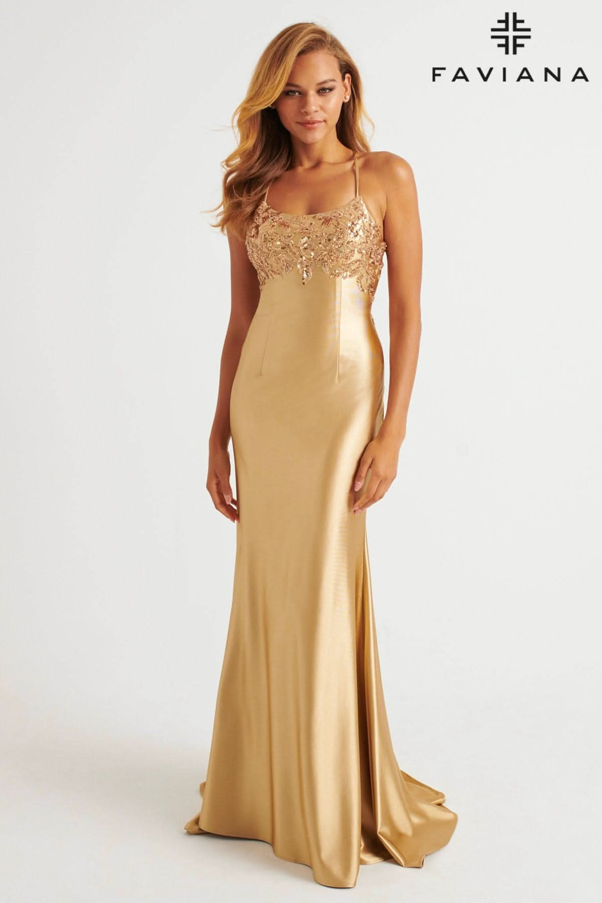 Satin Scoop Neck Dress With Sequin Applique And Lace Up Back | E11201