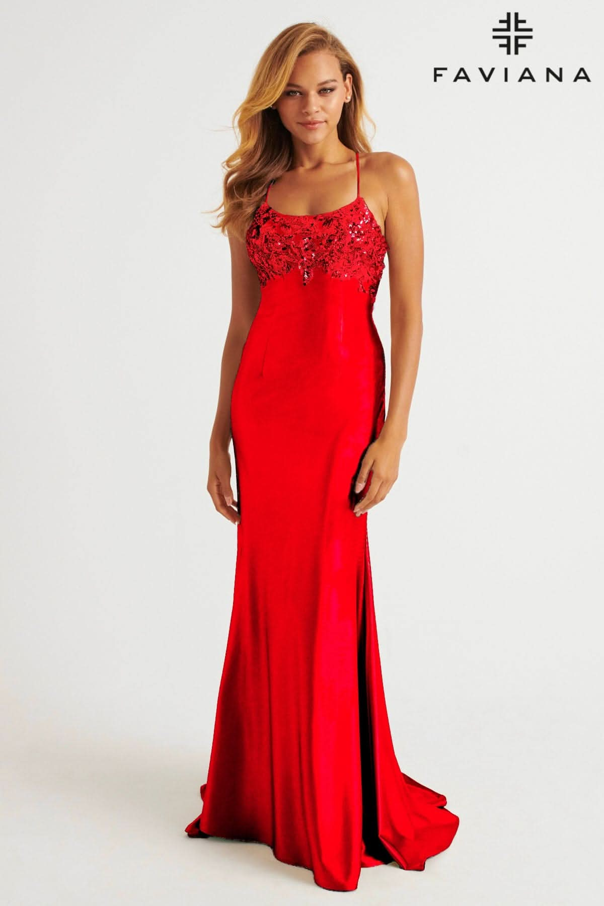 Red Satin Scoop Neck Dress With Sequin Applique And Lace Up Back | E11201