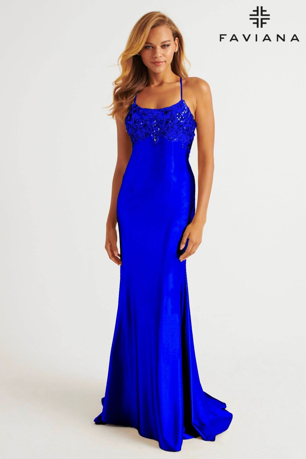 Satin Scoop Neck Dress With Sequin Applique And Lace Up Back | E11201