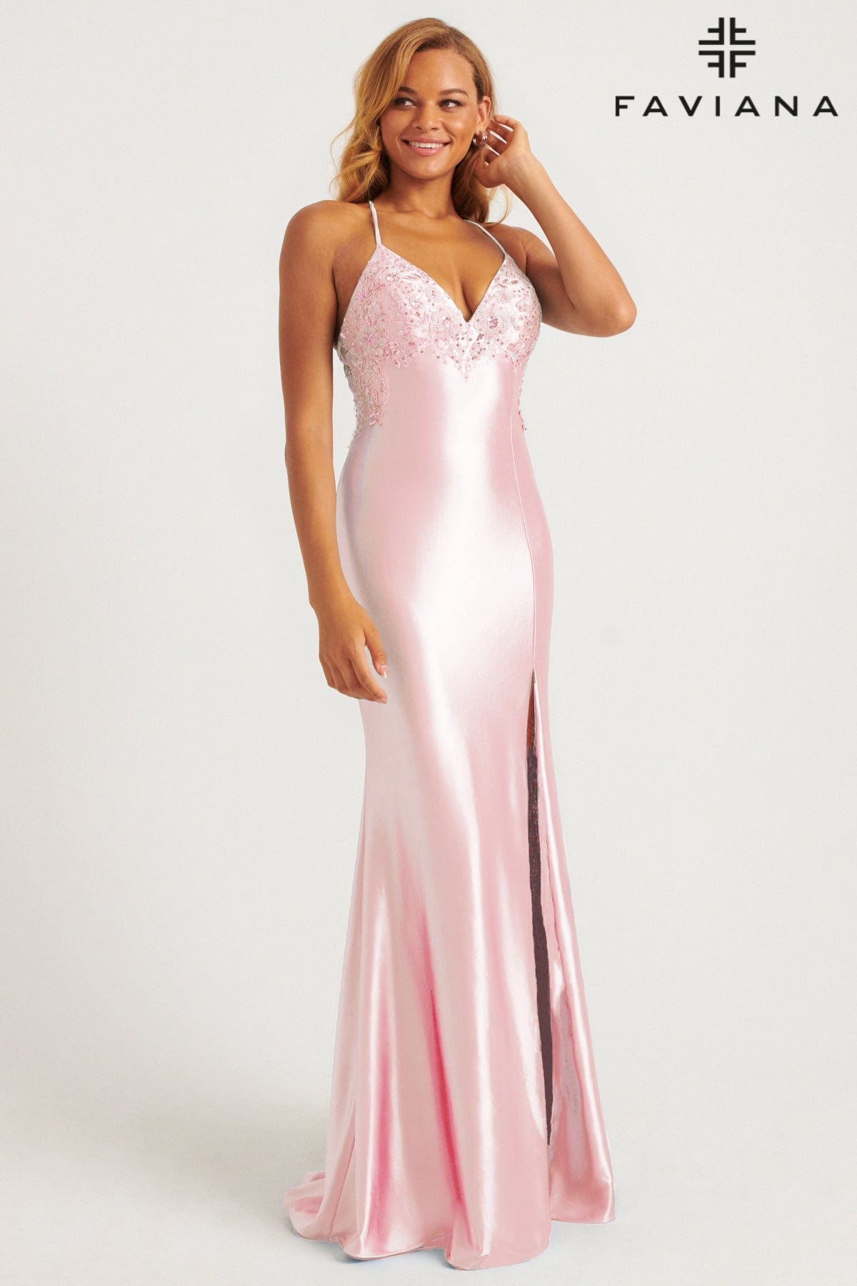 Light Pink Satin V-Neck Lace-Up Dress With Subtle Appliqué Placement | E11240