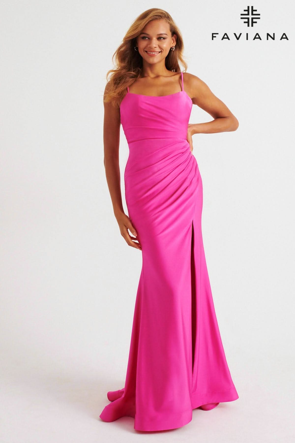 Bubblegum Pink Scoop Neck Stretch Charmeuse Ruched Dress | E11265 Bubblegum Pink Scoop Neck Stretch Charmeuse Ruched Dress | E11265