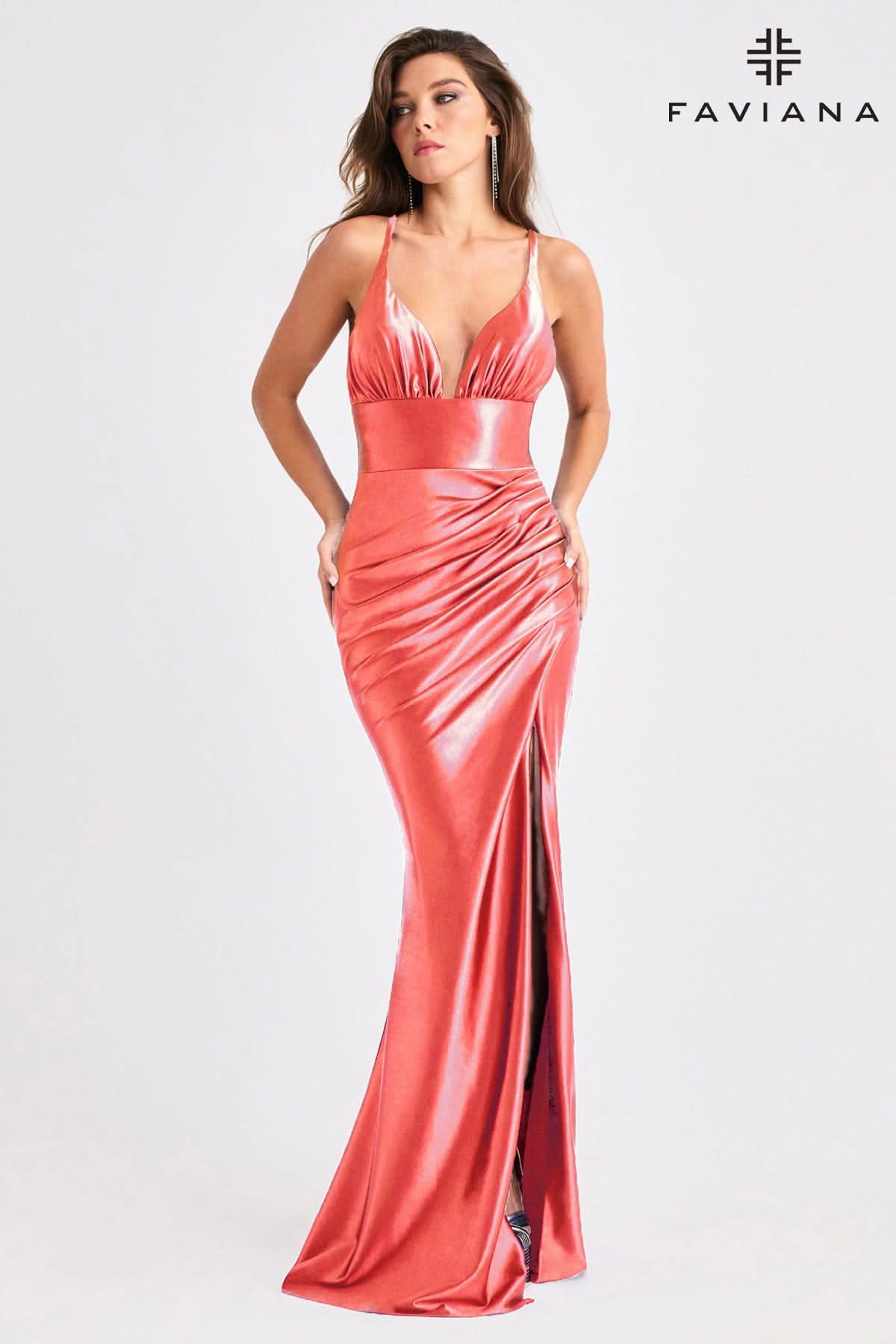 Elegant Bodycon Satin Gown With V-Neck and Empire Waist Panel | E11423