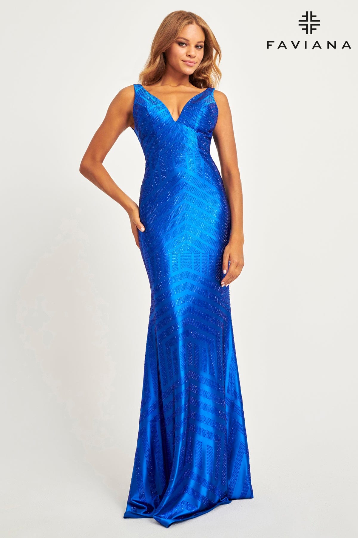 Cobalt Blue Long Beaded V Neckline Dress With Deep V And Mesh Side Panels