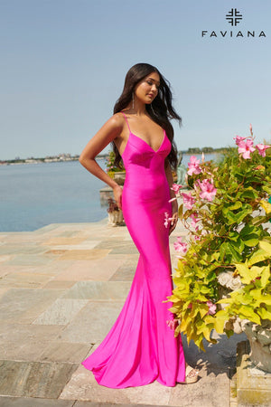 Hot Pink V Neckline Prom Dress With Stretch Fabric And Corset Back | Faviana Hot Pink V Neckline Prom Dress With Stretch Fabric And Corset Back | Faviana