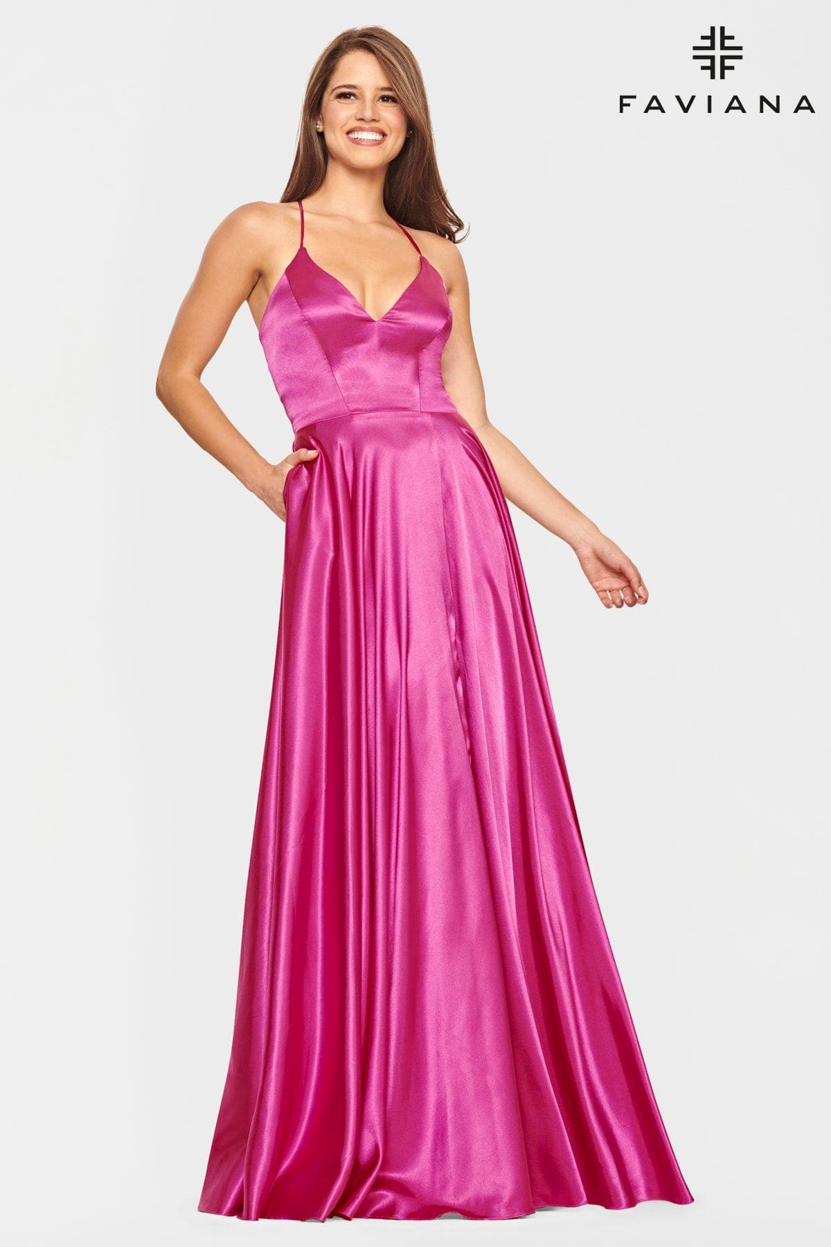 Pink Silky Charmeuse Lace Up Back Prom Dress With Side Pockets
