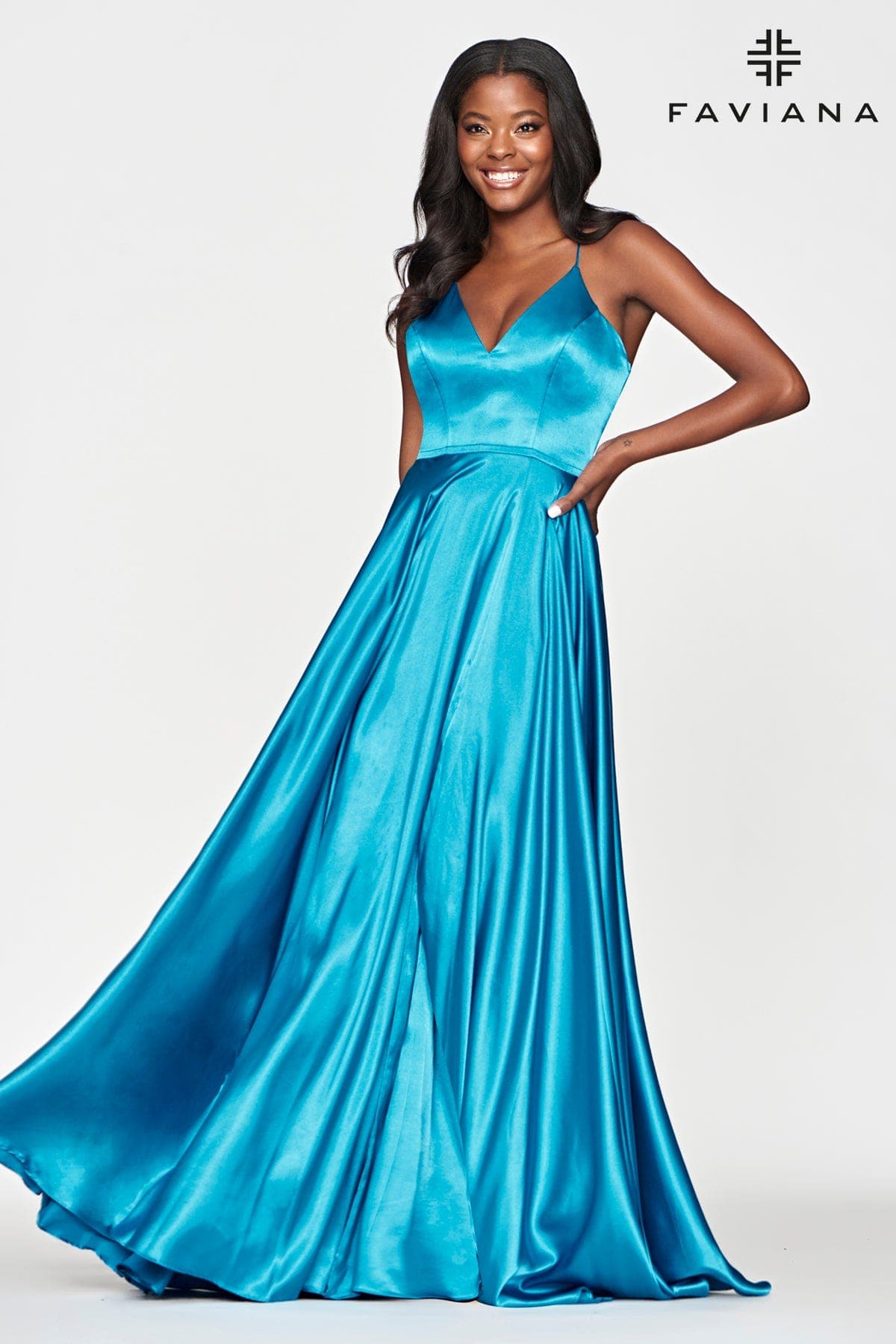 Teal Silky Charmeuse Lace Up Back Prom Dress With Side Pockets