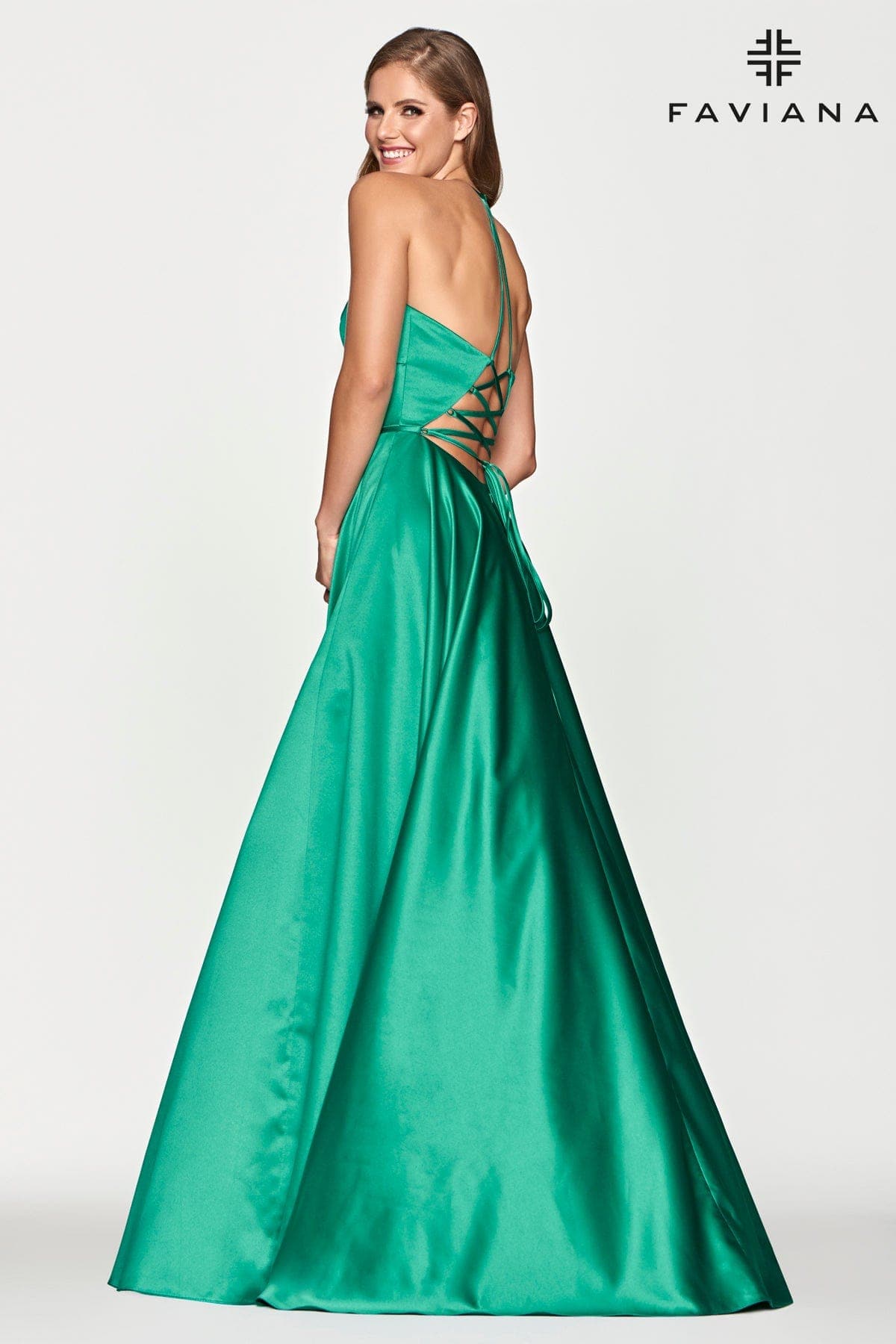 Jade Green Satin Ballgown Dress With Lace Up Back And V Neck | Faviana Jade Green Satin Ballgown Dress With Lace Up Back And V Neck | Faviana