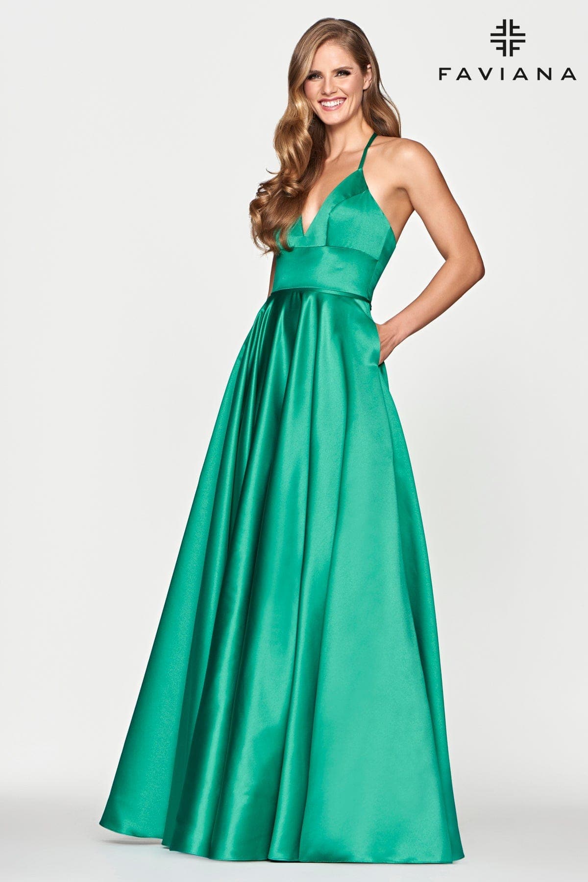 Jade Green Satin Ballgown Dress With Lace Up Back And V Neck
