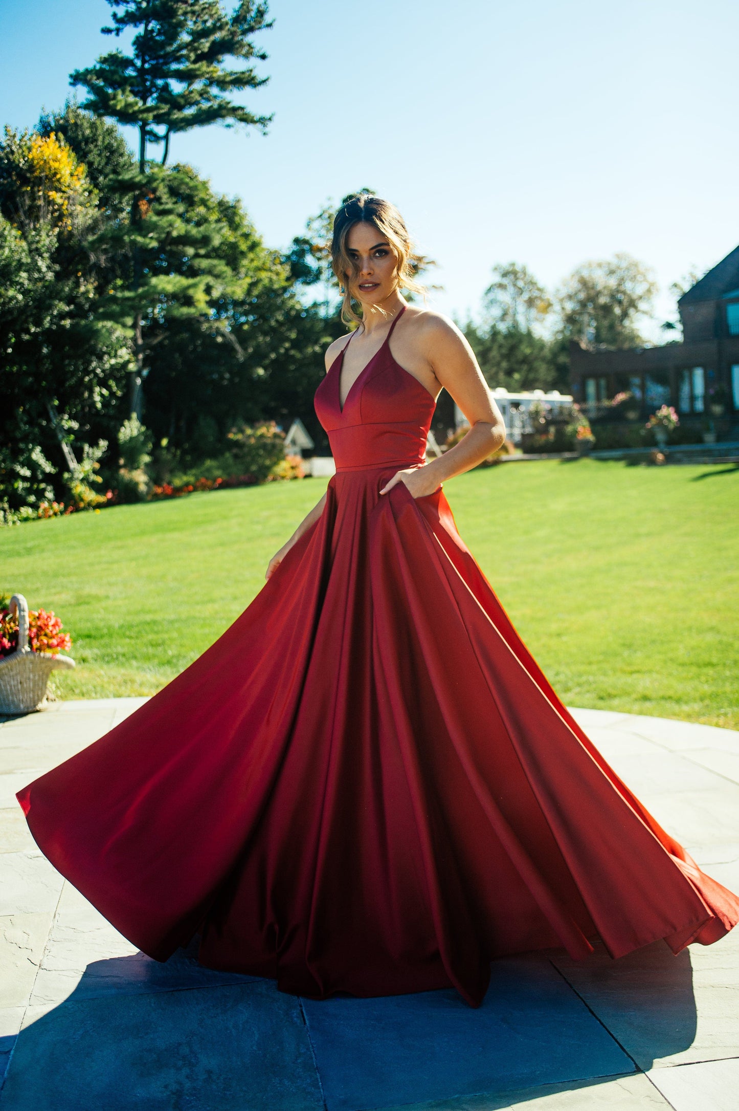 Ruby Red Satin Ballgown Dress With Lace Up Back And V Neck