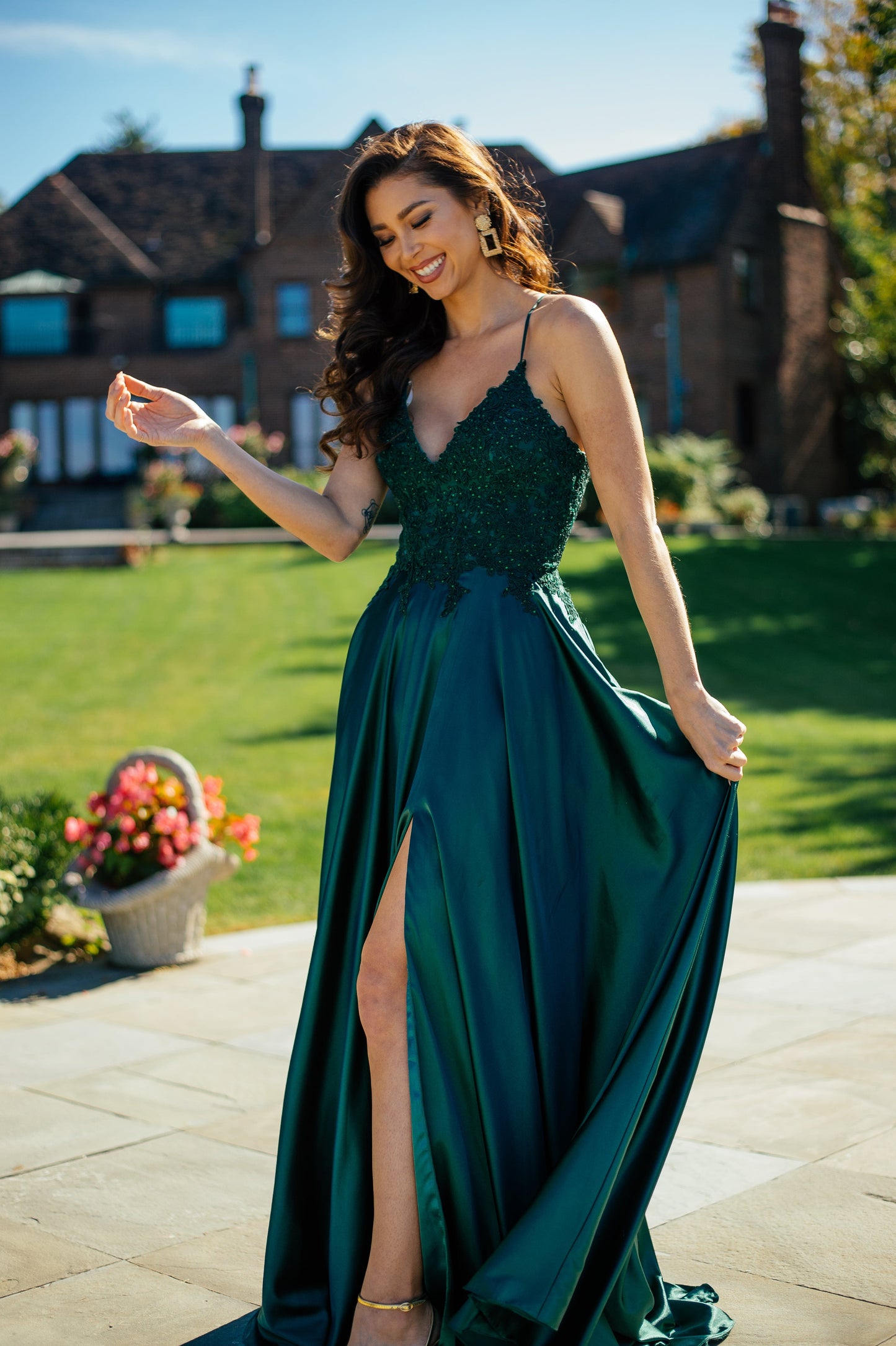 Deep Green Long Flowy Prom Dress With Lace Bustier And Corset Back
