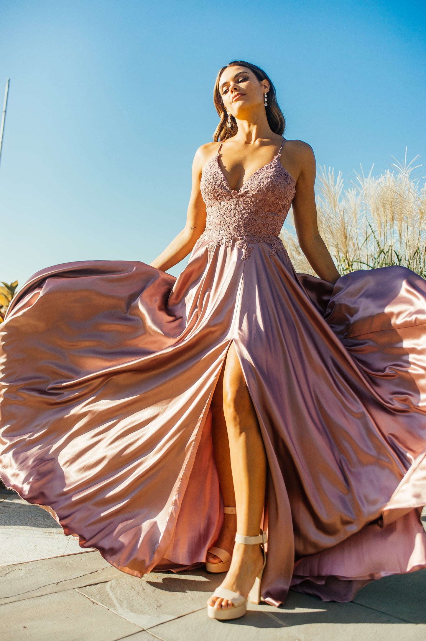 Deep Mauve Long Flowy Prom Dress With Lace Bustier And Corset Back