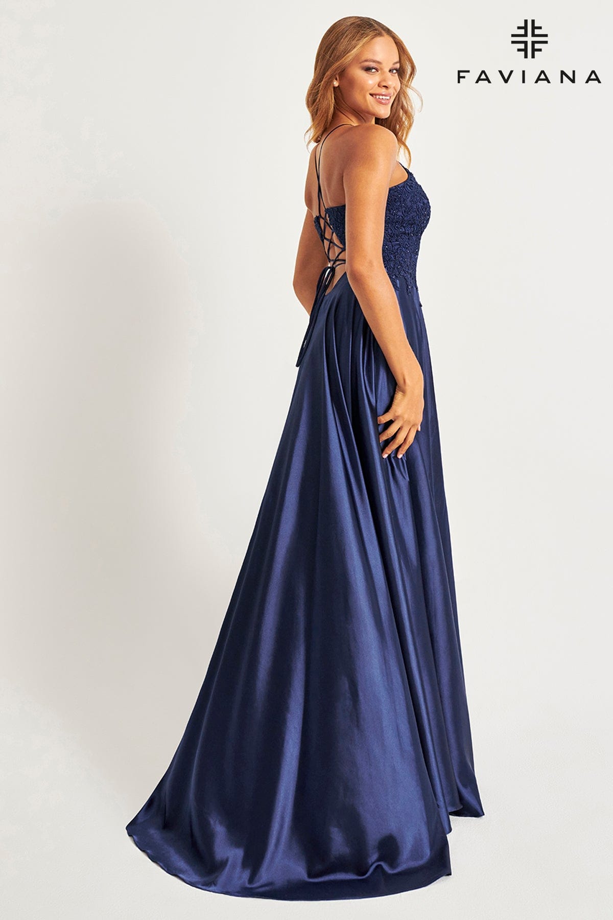 Navy Long Flowy Prom Dress With Lace Bustier And Corset Back