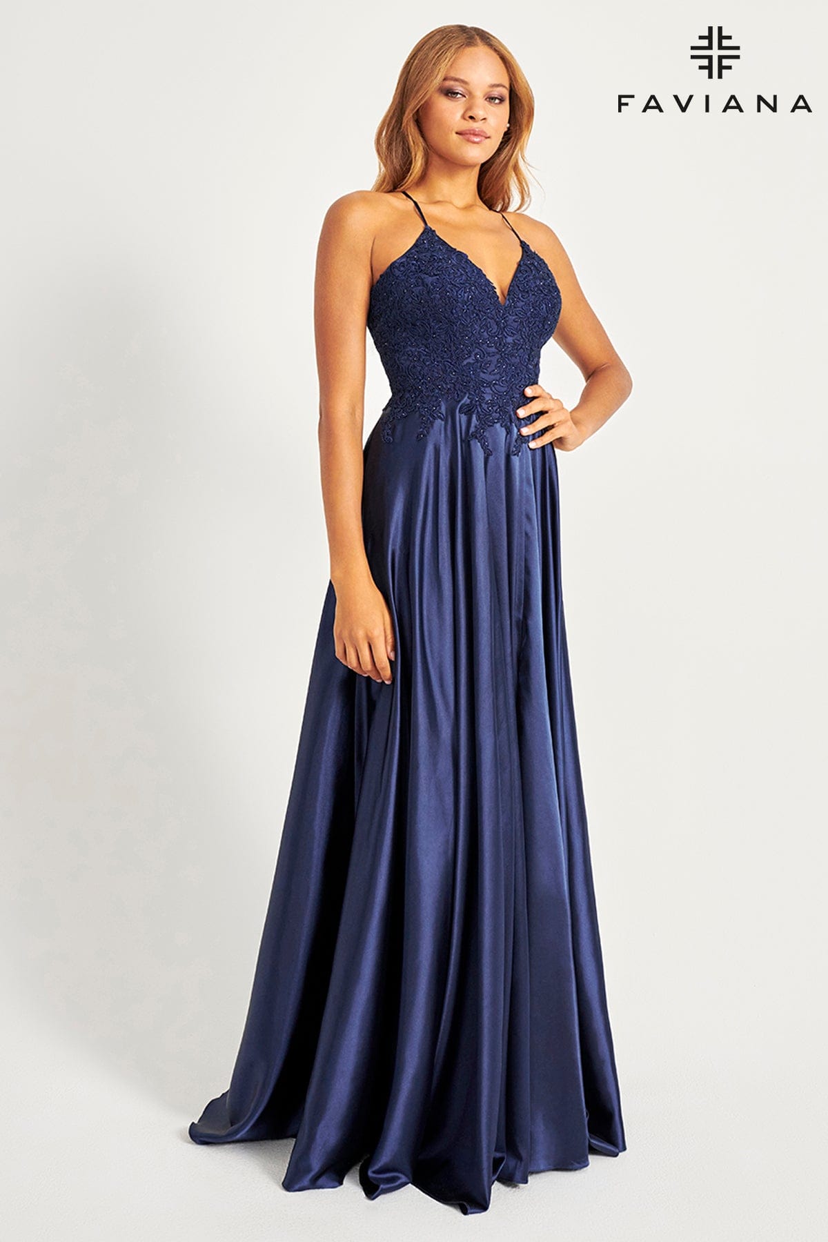 Navy Long Flowy Prom Dress With Lace Bustier And Corset Back