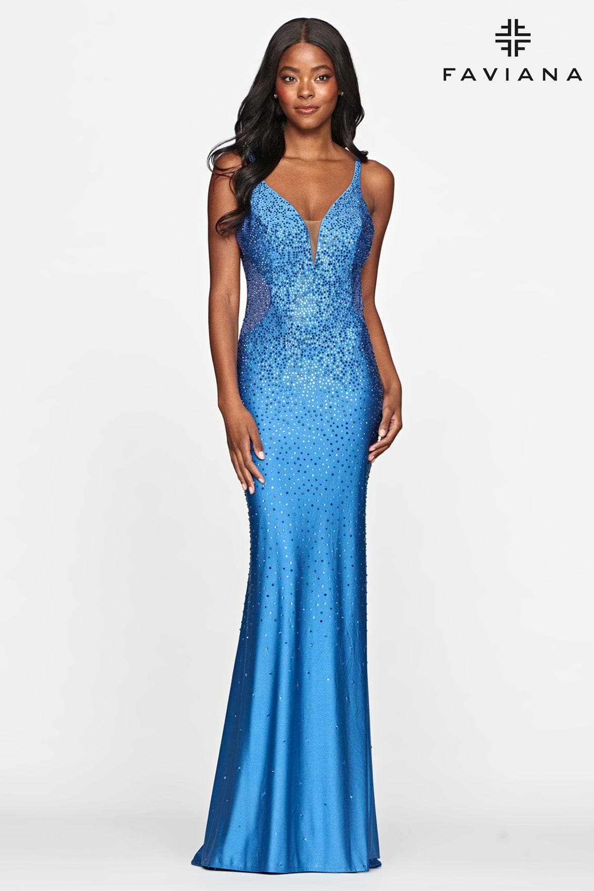 Blue Beaded Open Back V Neck Dress With Rhinestones | Faviana Blue Beaded Open Back V Neck Dress With Rhinestones | Faviana