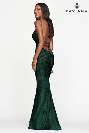 Forest Green Lace Long Dress With V Neck And Lace Up Open Back