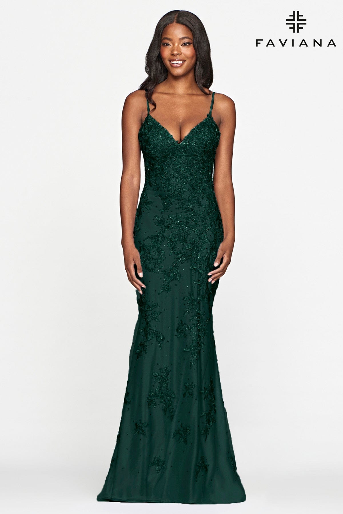 Forest Green Lace Long Dress With V Neck And Lace Up Open Back | Faviana Forest Green Lace Long Dress With V Neck And Lace Up Open Back | Faviana