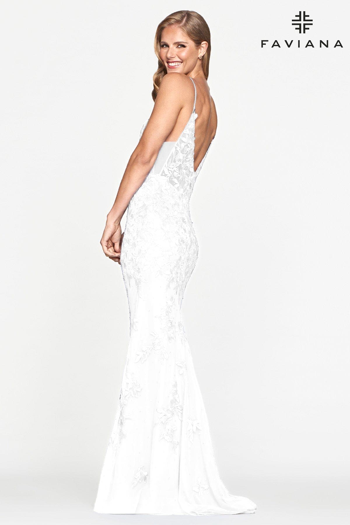 White Lace Prom Dress With Deep V Neckline | S10509