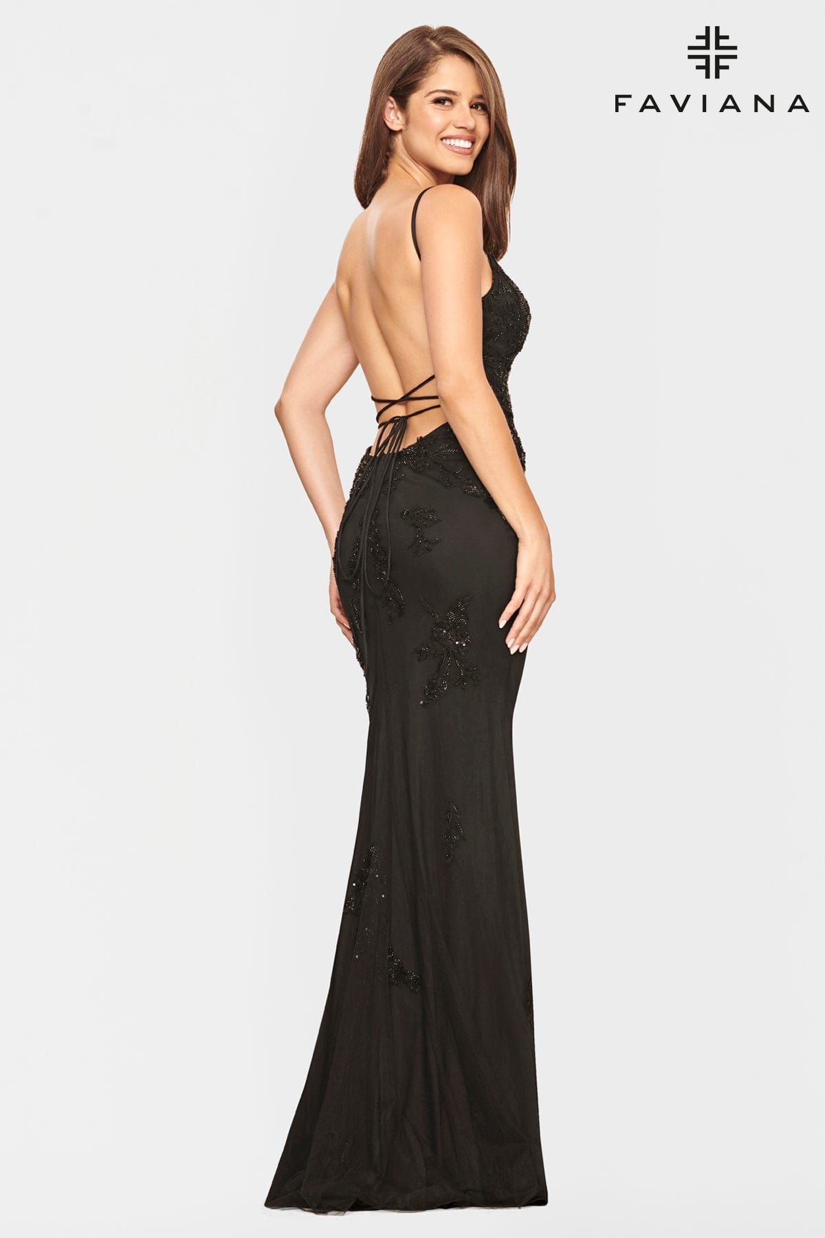 Black Beaded Lace Long V Neck Dress With Open Back | S10633
