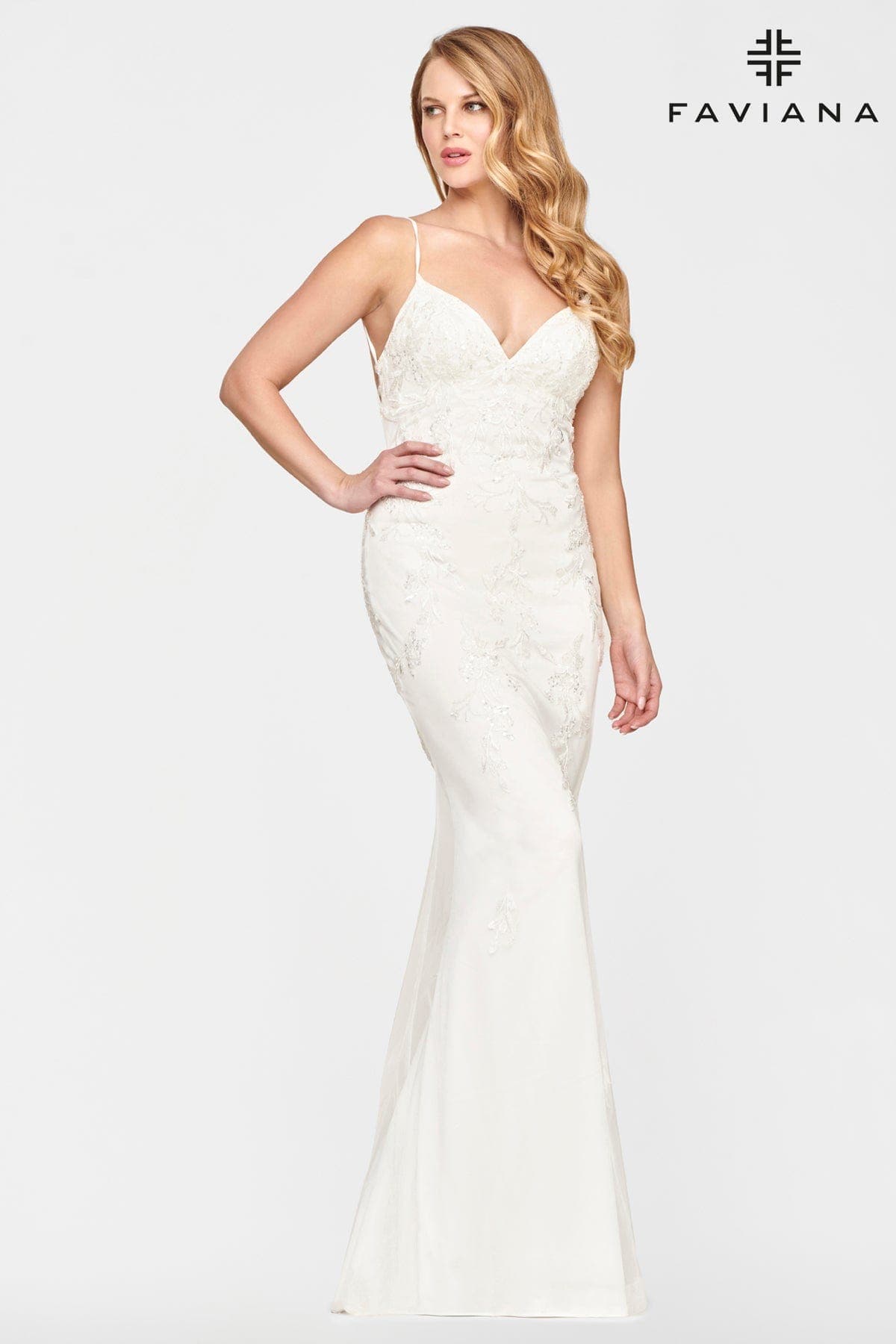 White Beaded Lace Long V Neck Dress With Open Back | Faviana