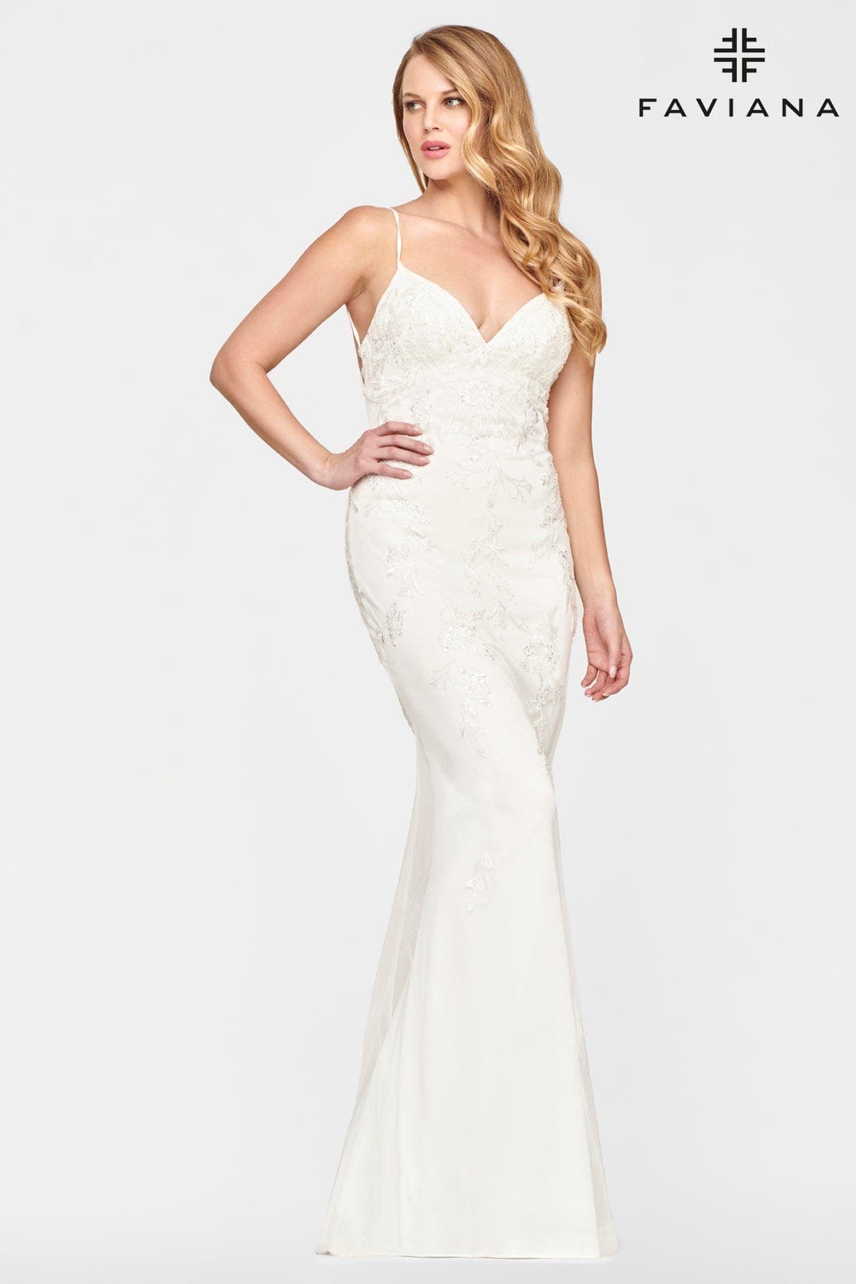 White Beaded Lace Long V Neck Dress With Open Back | S10633