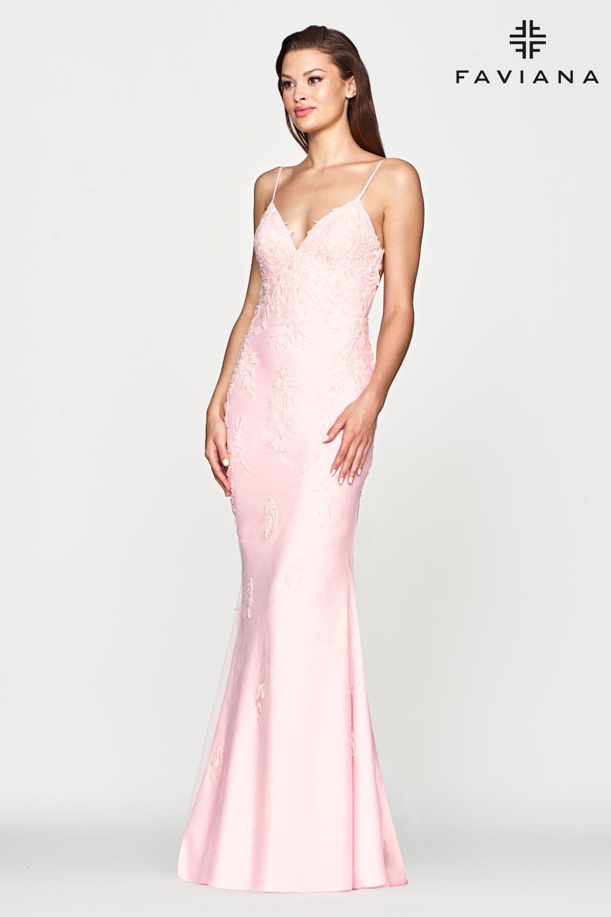 Pink Beaded Lace Long V Neck Dress With Open Back | S10633