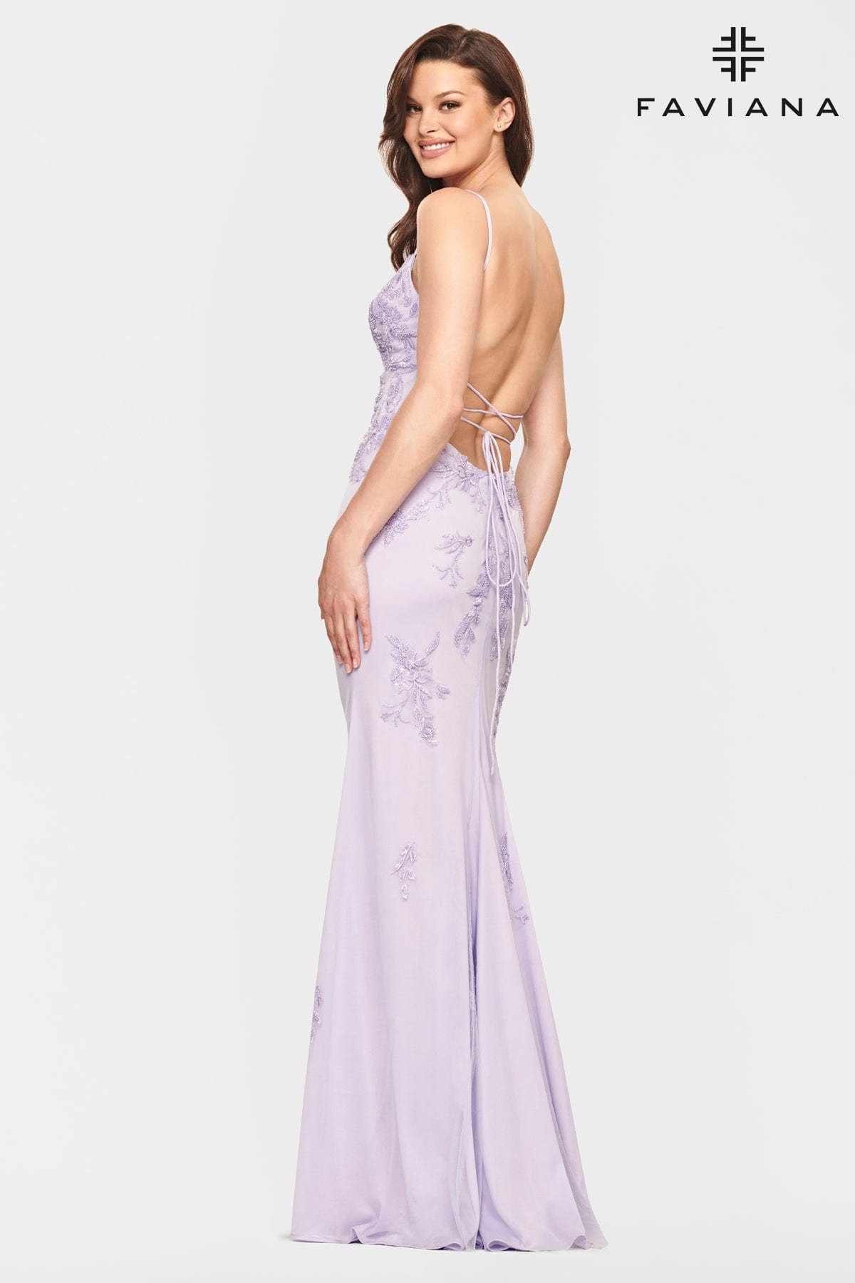Lilac Beaded Lace Long V Neck Dress With Open Back | Faviana Lilac Beaded Lace Long V Neck Dress With Open Back | Faviana