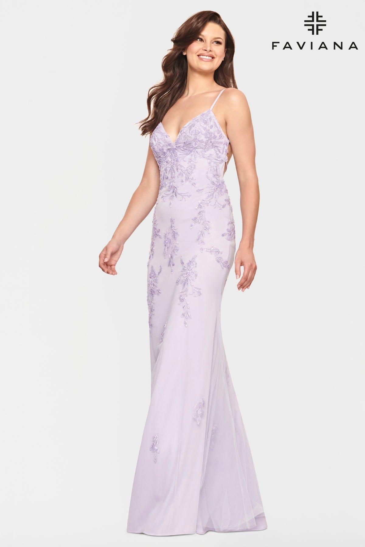 Lilac Beaded Lace Long V Neck Dress With Open Back | Faviana Lilac Beaded Lace Long V Neck Dress With Open Back | Faviana