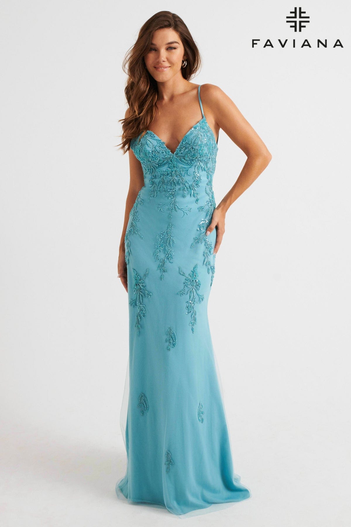 Pacific Blue Beaded Lace Long V Neck Dress With Open Back | Faviana Pacific Blue Beaded Lace Long V Neck Dress With Open Back | Faviana