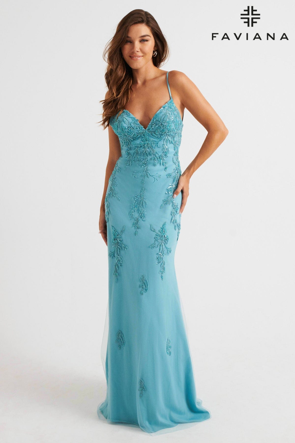 Beaded Lace Long V Neck Dress With Open Back | S10633