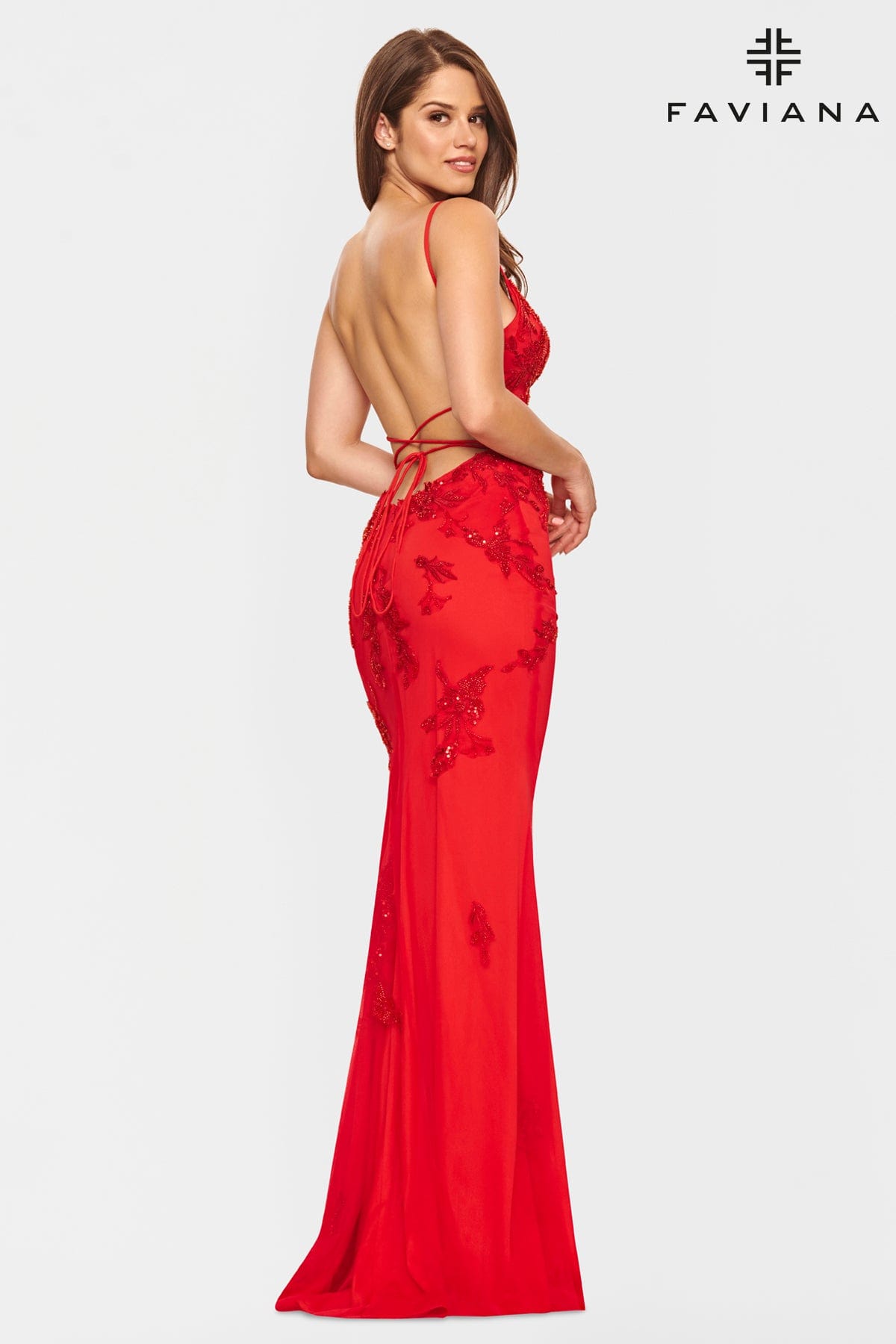 Red Beaded Lace Long V Neck Dress With Open Back | S10633