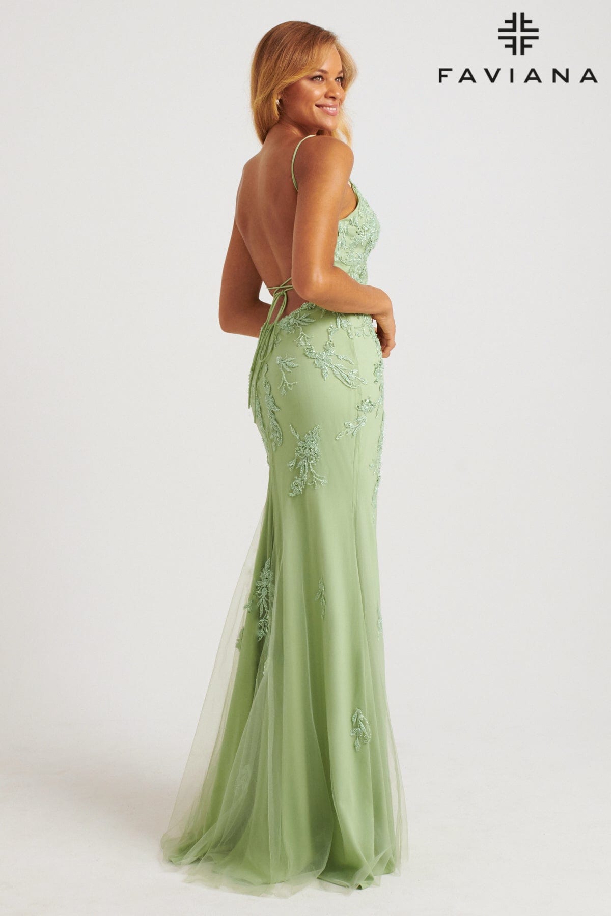 Sage Green Beaded Lace Long V Neck Dress With Open Back | Faviana Sage Green Beaded Lace Long V Neck Dress With Open Back | Faviana